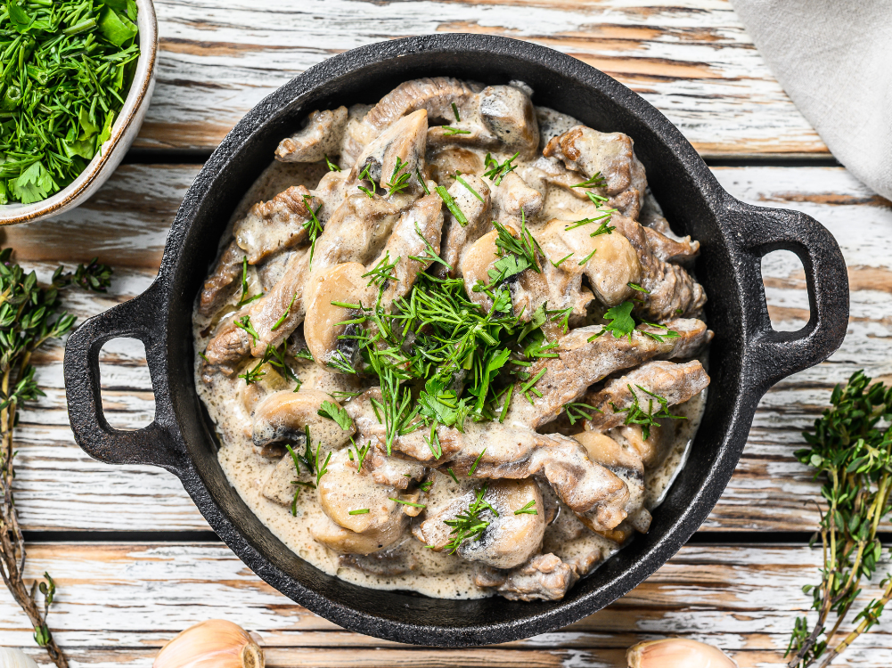 A pan of Beef Stroganoff is served for lunch.