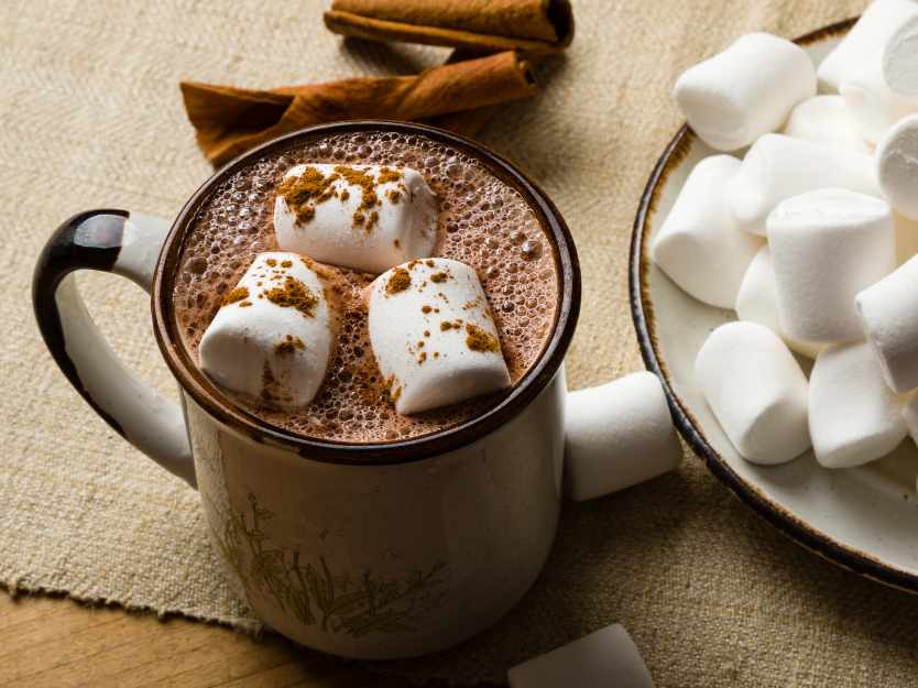 A cup of Hot Chocolate with Cinnamon with marshmallows on top.