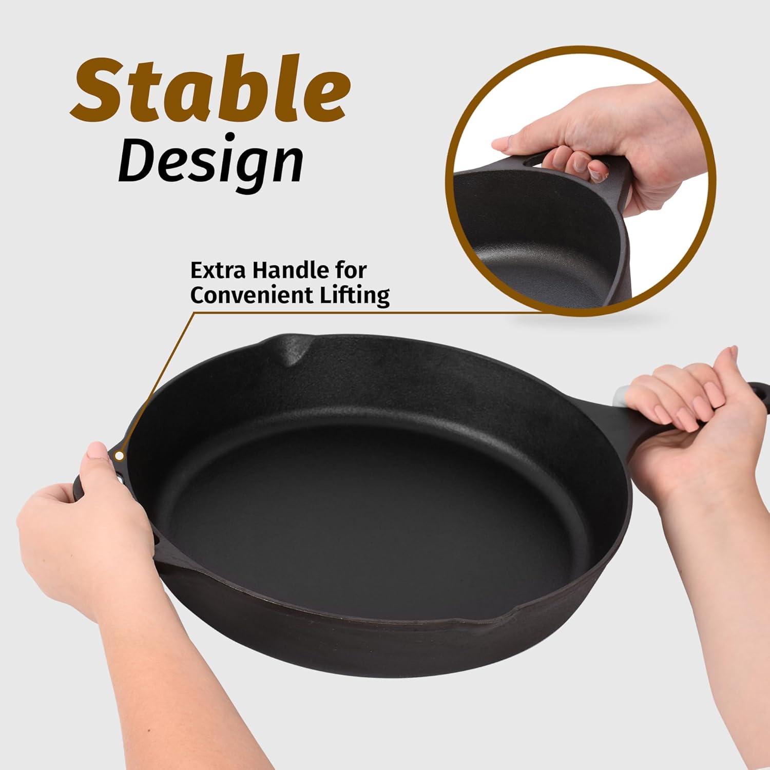 Stable Cast Iron Skillet with Extra Handle for Easy Lifting by Zulay Kitchen