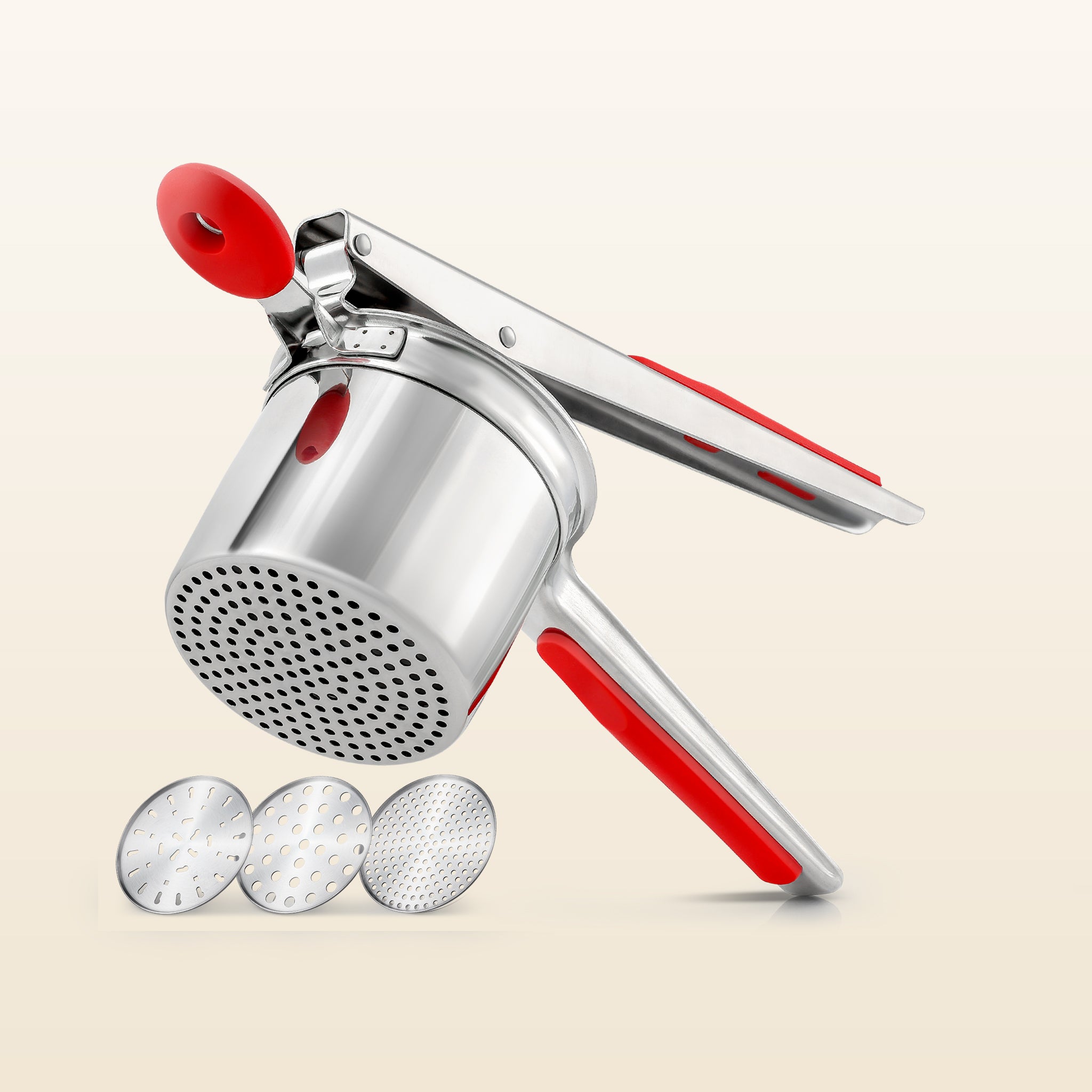 Large Premium 15oz Potato Ricer with 3 Discs - Silver with Red Handle by Zulay Kitchen