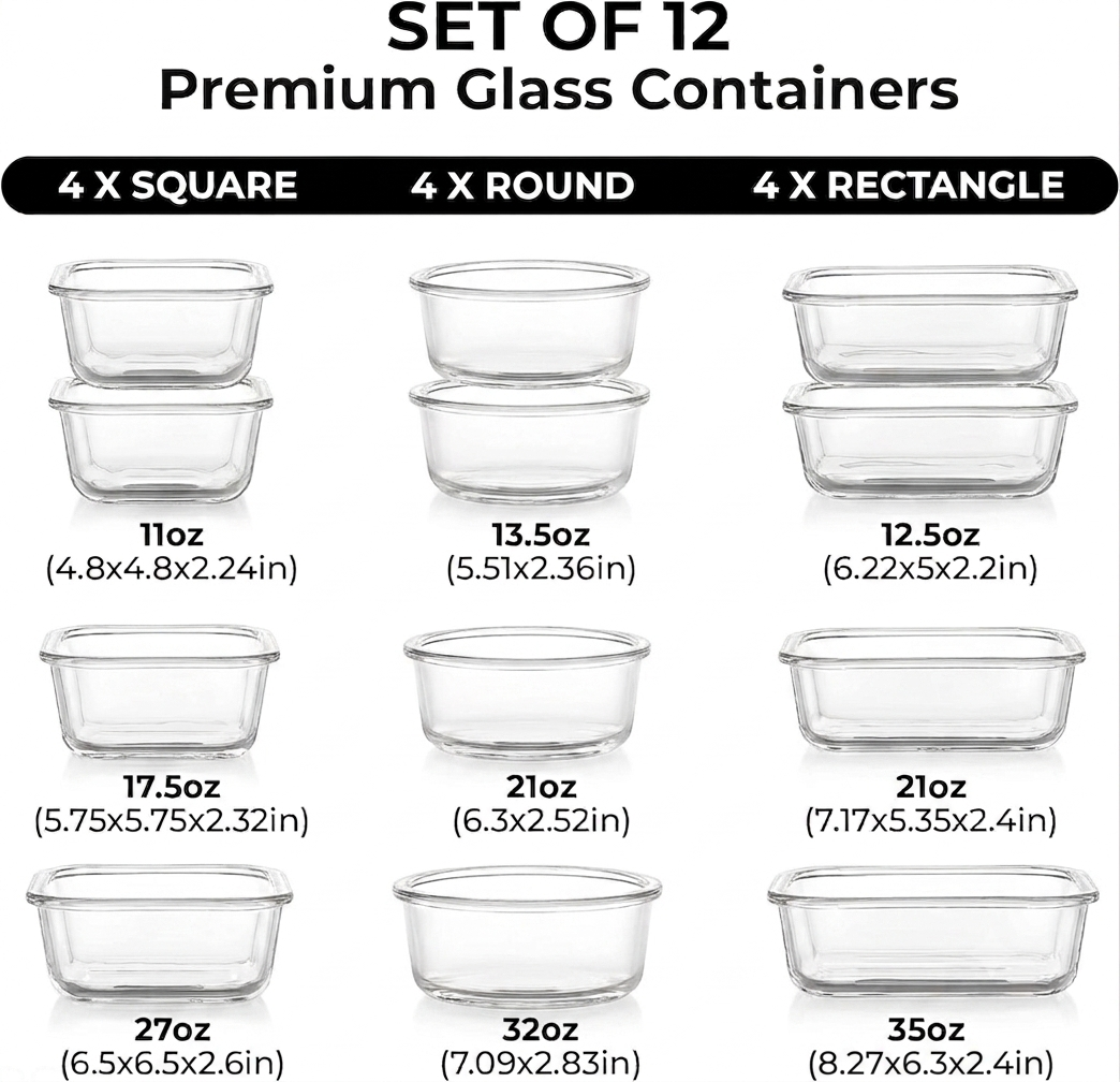 12 Piece Glass Food Storage Containers - Container (Without Lid) - Replacement Parts