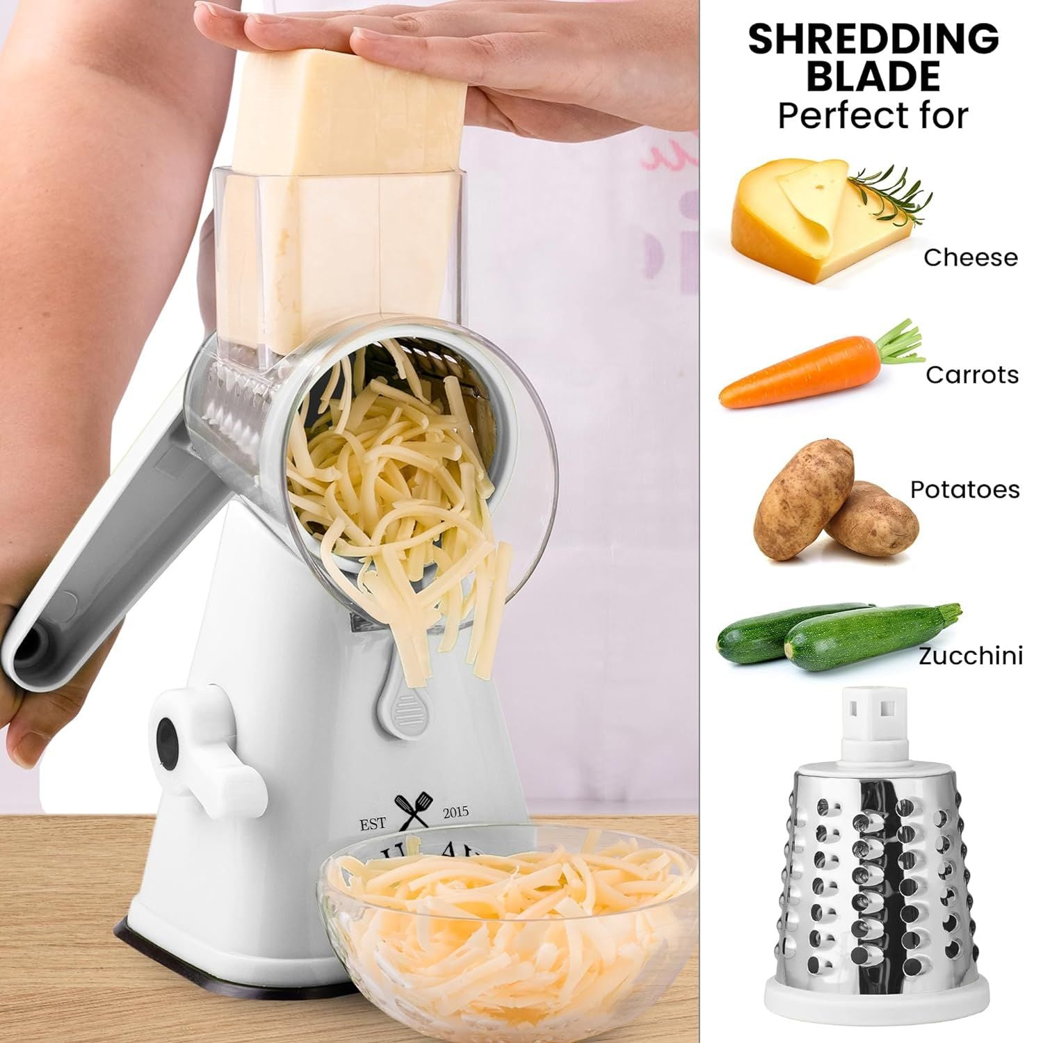 Rotary Cheese Grater with 3 Replaceable Drum Blades