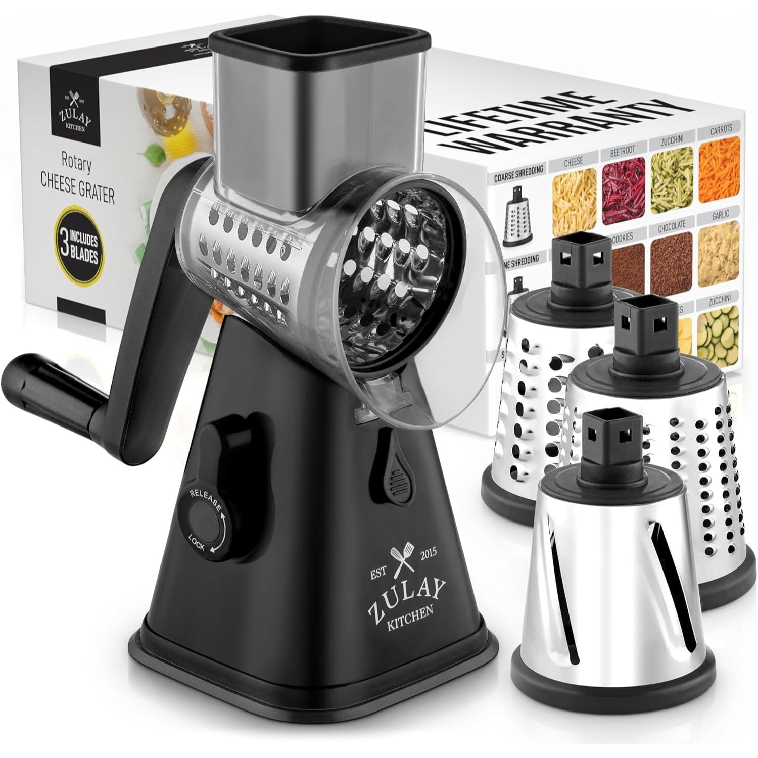 Black Rotary Cheese Grater with 3 Replaceable Drum Blades