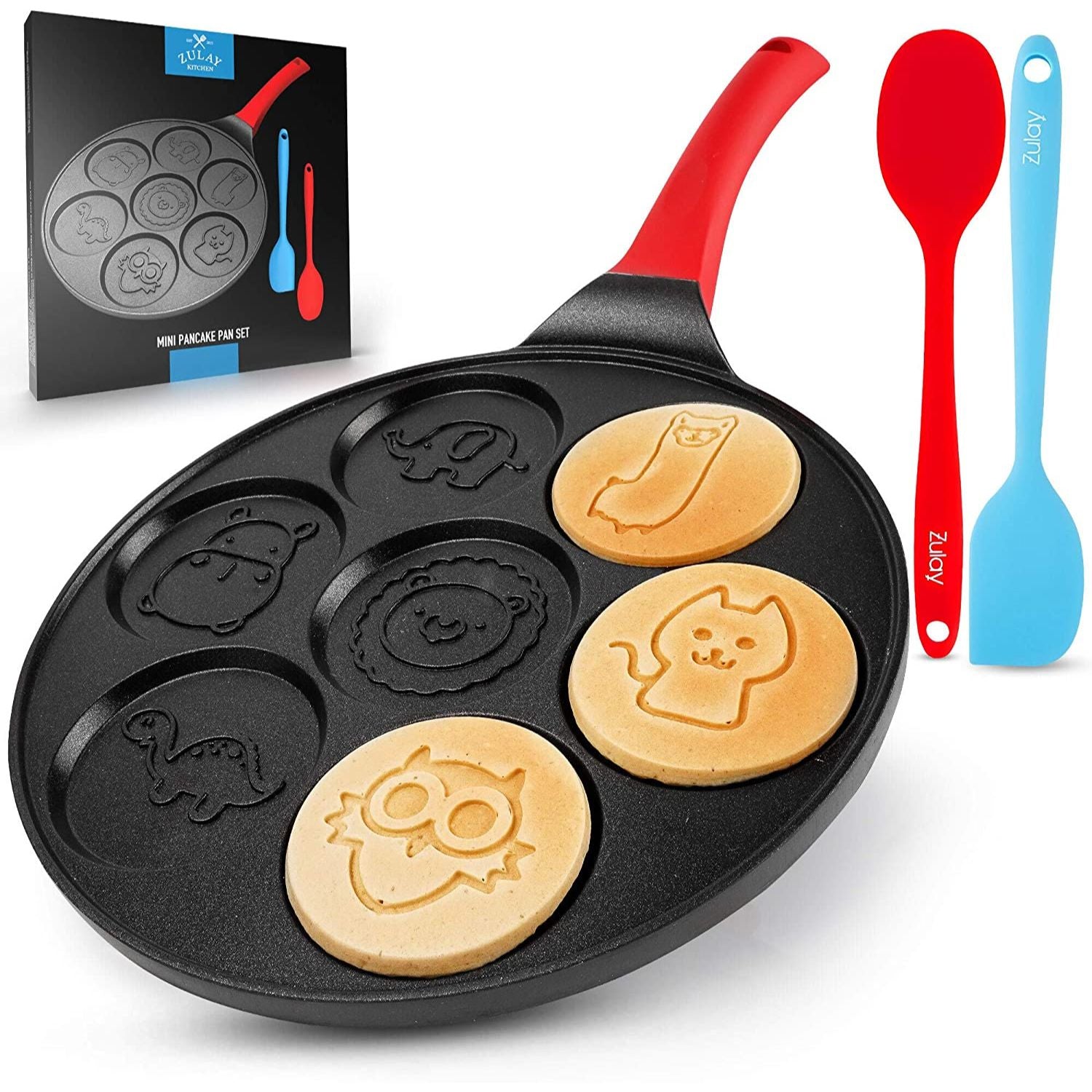 Mini Pancake Maker With 7 Animal Face Designs Plus 2 Bonus Spatulas