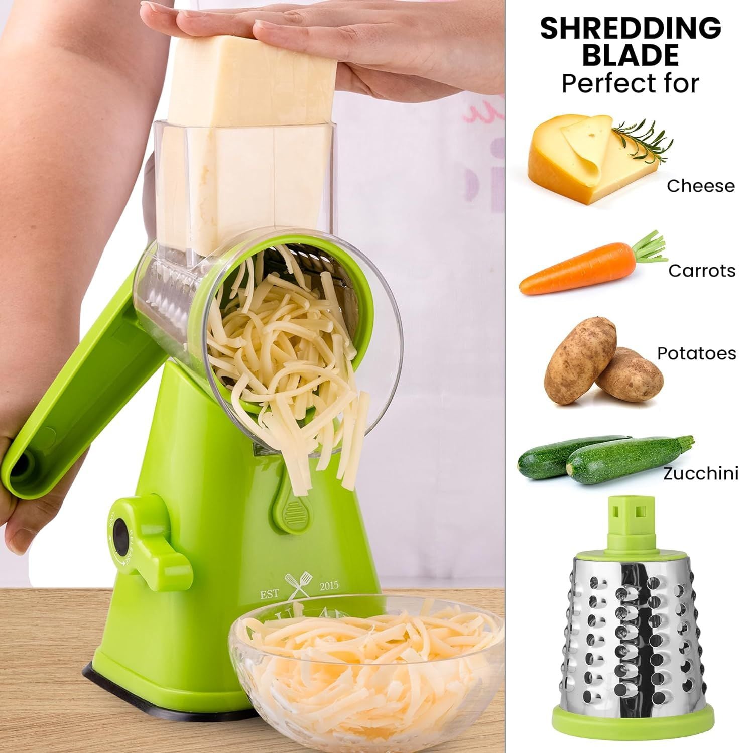 Rotary Cheese Grater with 3 Replaceable Drum Blades