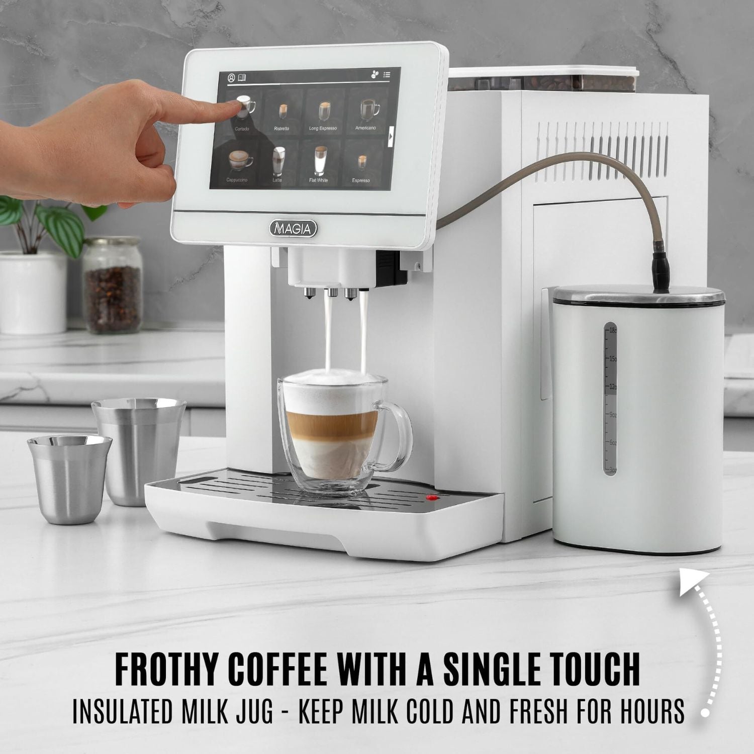 High quality Zulay Magia LUX White Automatic Espresso Machine with Milk Container and Espresso Cups