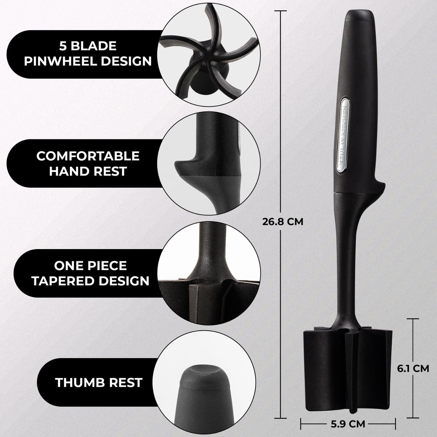 Black Zulay Kitchen meat chopper with features highlighted on a gray background