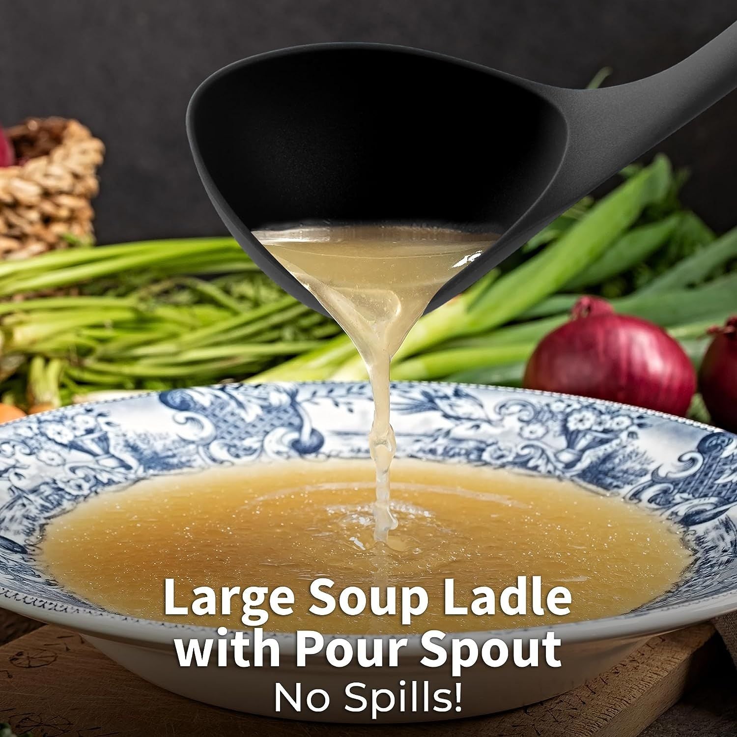 Large soup ladle with pour spout