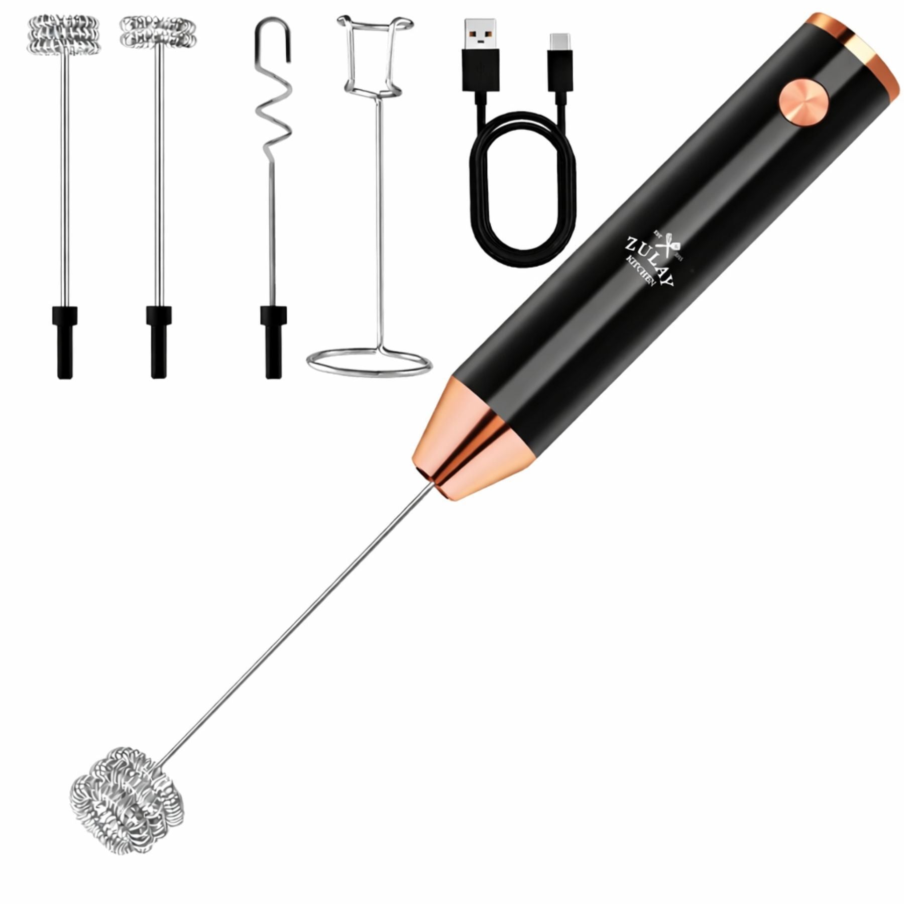 LUX™ Handheld Milk Frother – Rechargeable, 4 Whisks (Black & Copper) by Zulay Kitchen