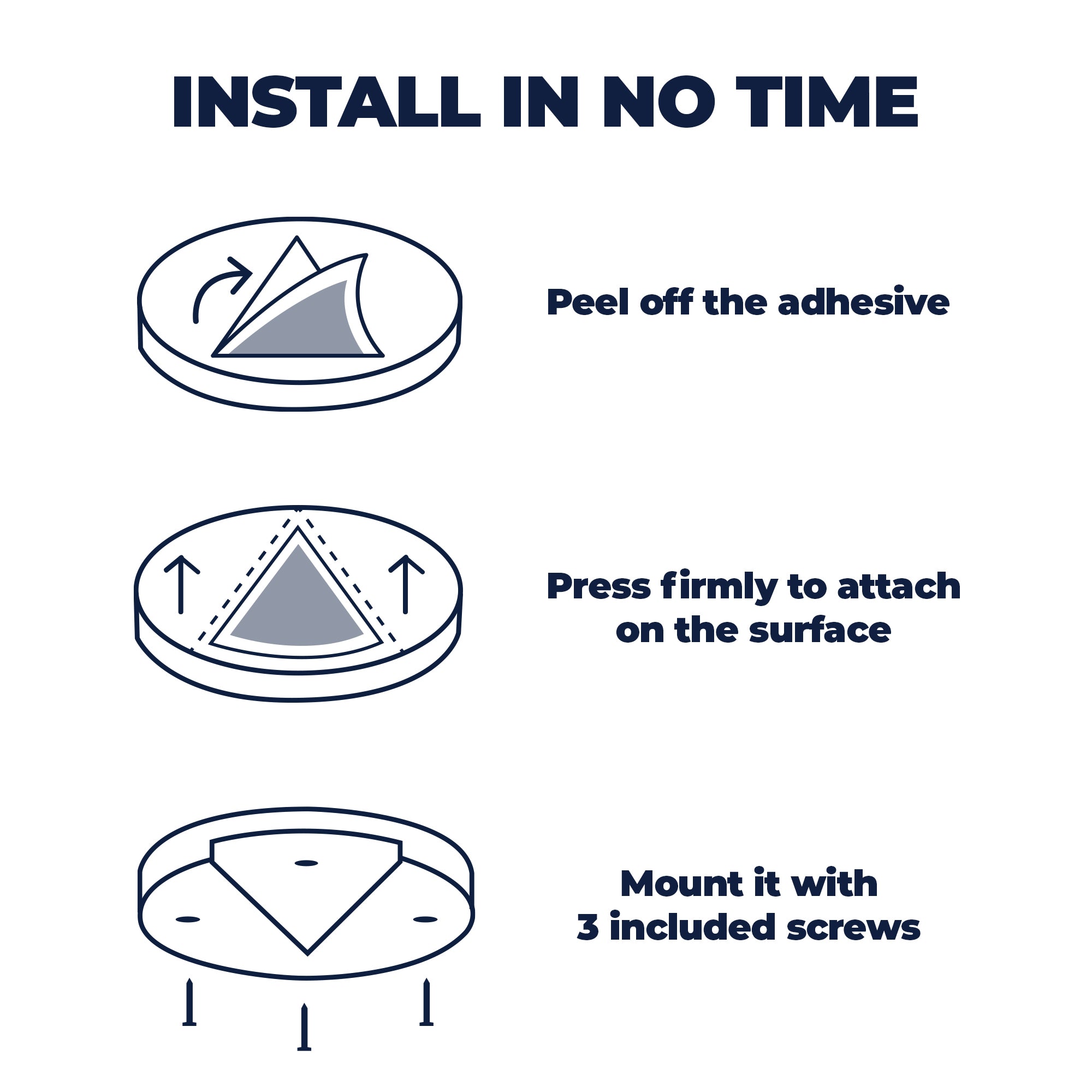 Instructions for installing adhesive EZ Off Under Cabinet Jar Opener with icons and text on a white background