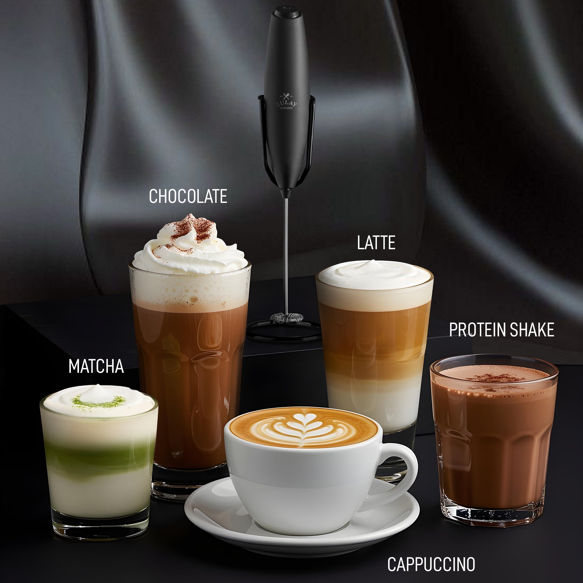 Collection of coffee drinks with a Zulay Kitchen Executive milk frotherr on a dark background