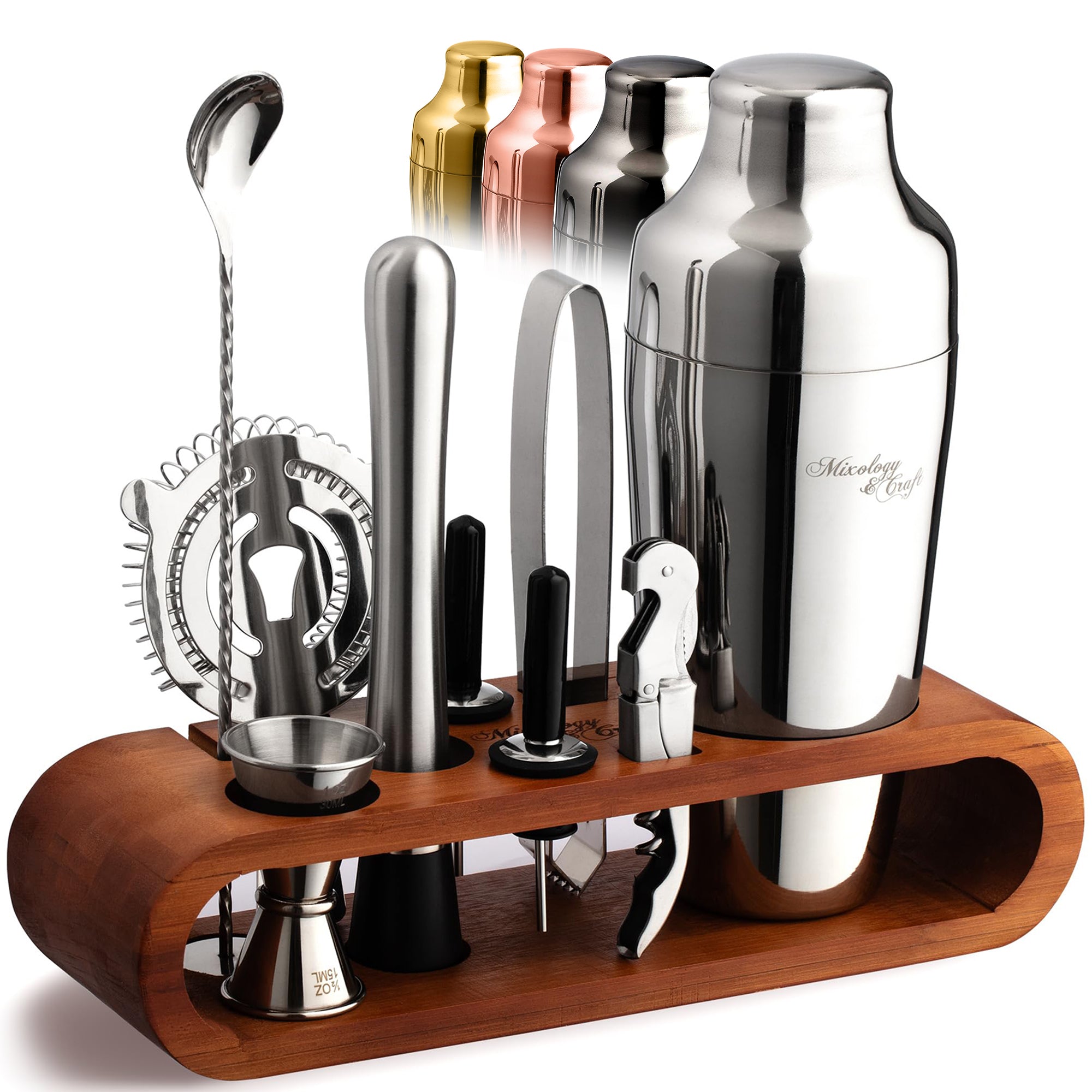 10-Piece Bartender Kit with Oval Dark Brown Bamboo Stand – Silver