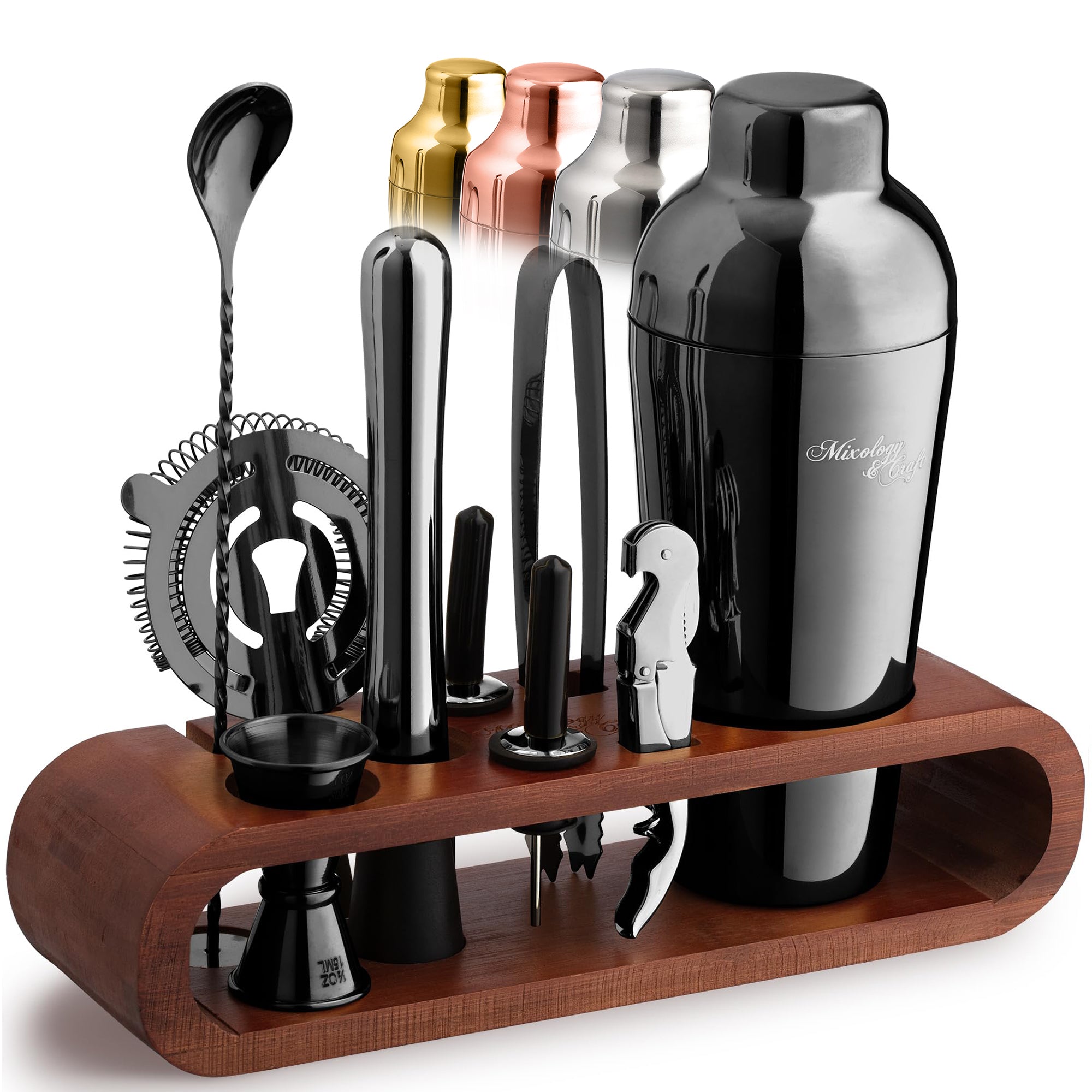 10-Piece Bartender Kit with Oval Mahogany Stand – Gun Metal