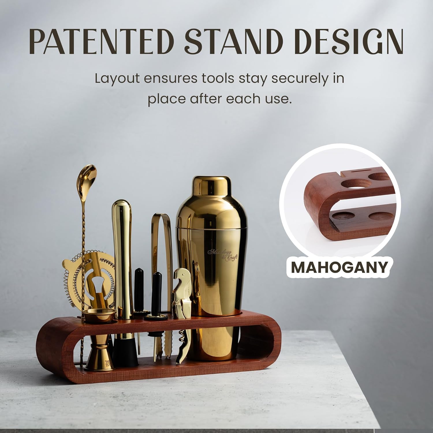 Bamboo Stand Bar Tool Organizer with Cocktail Tools