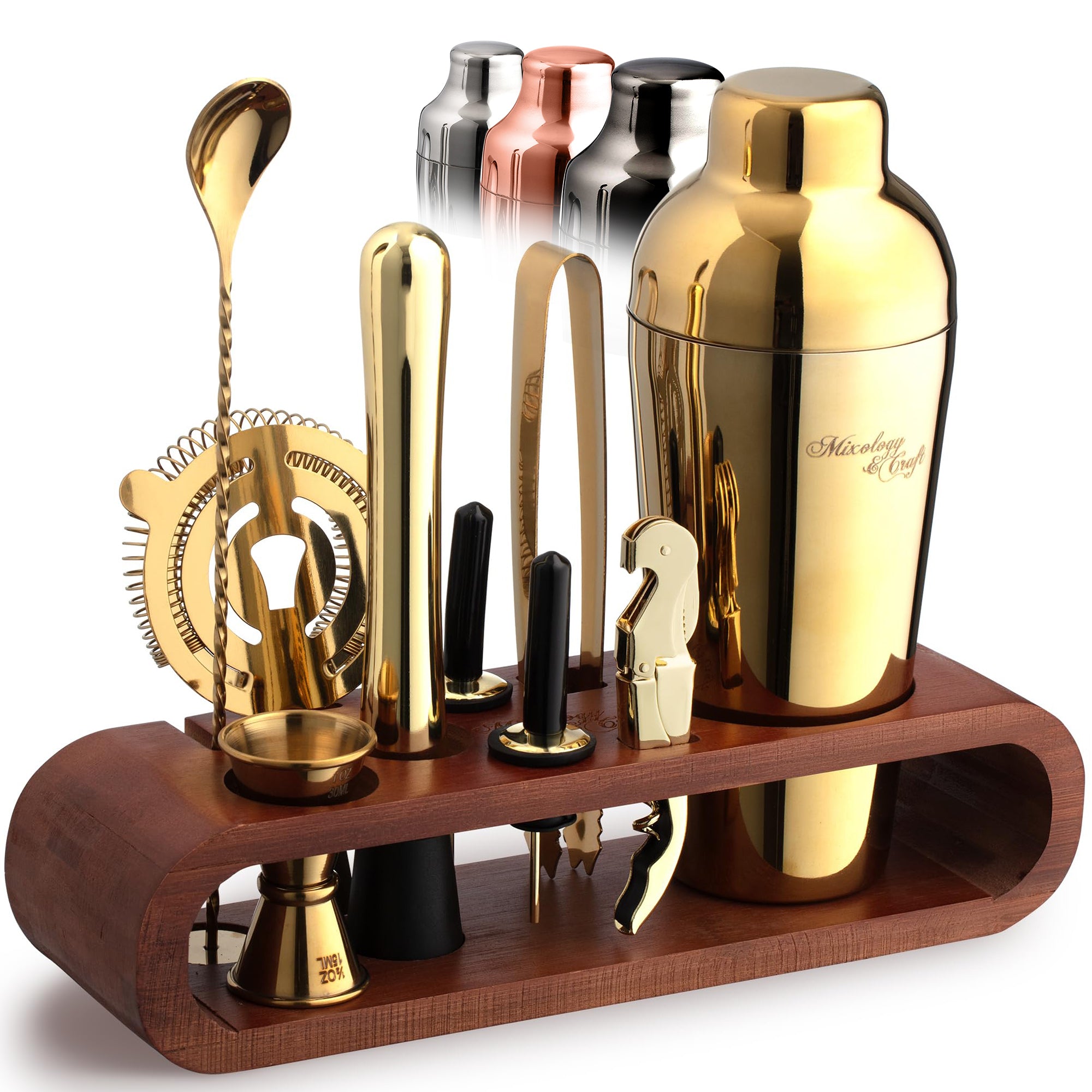 10-Piece Bartender Kit with Oval Dark Brown Bamboo Stand – Gold