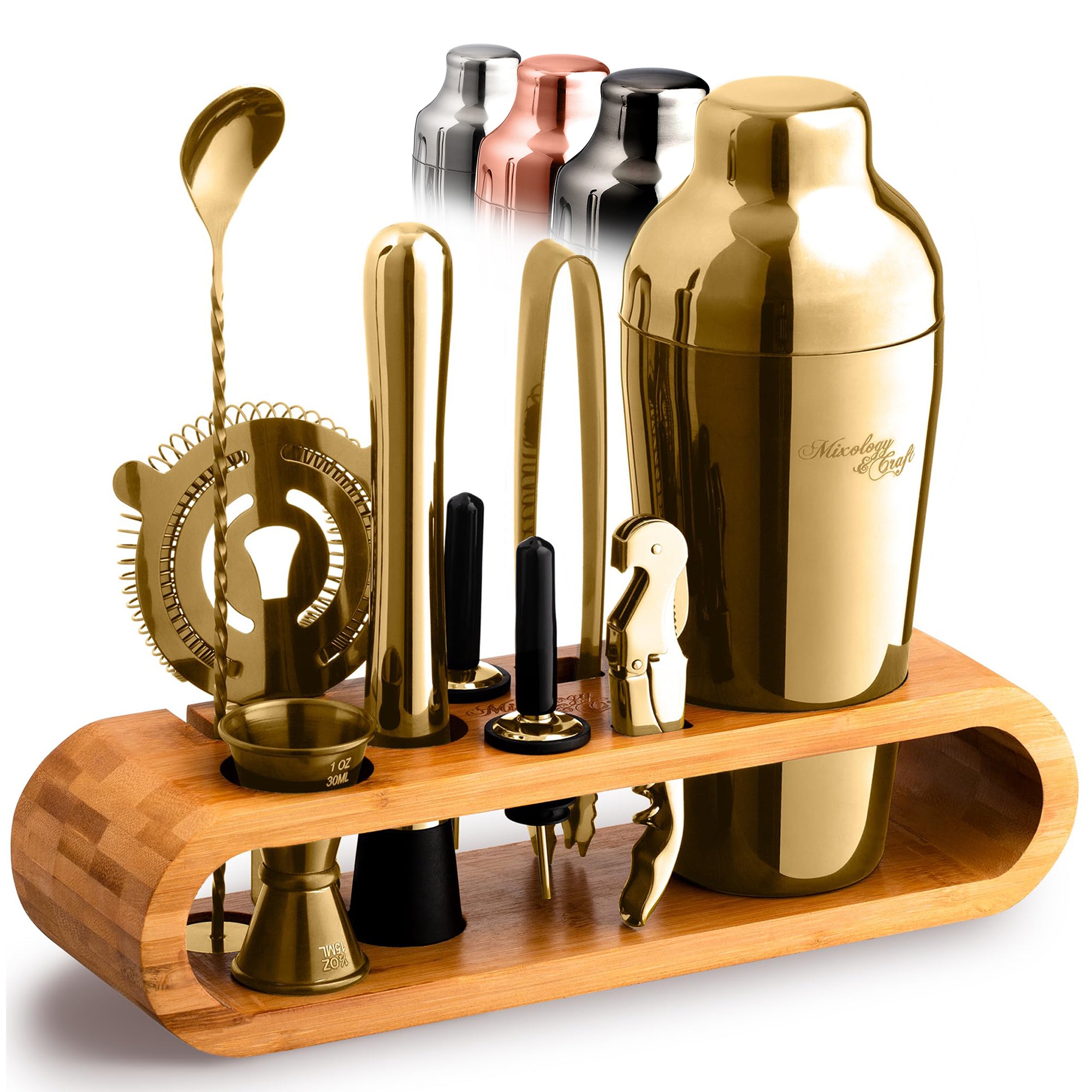 10-Piece Bartender Kit with Oval Bamboo Stand – Gold