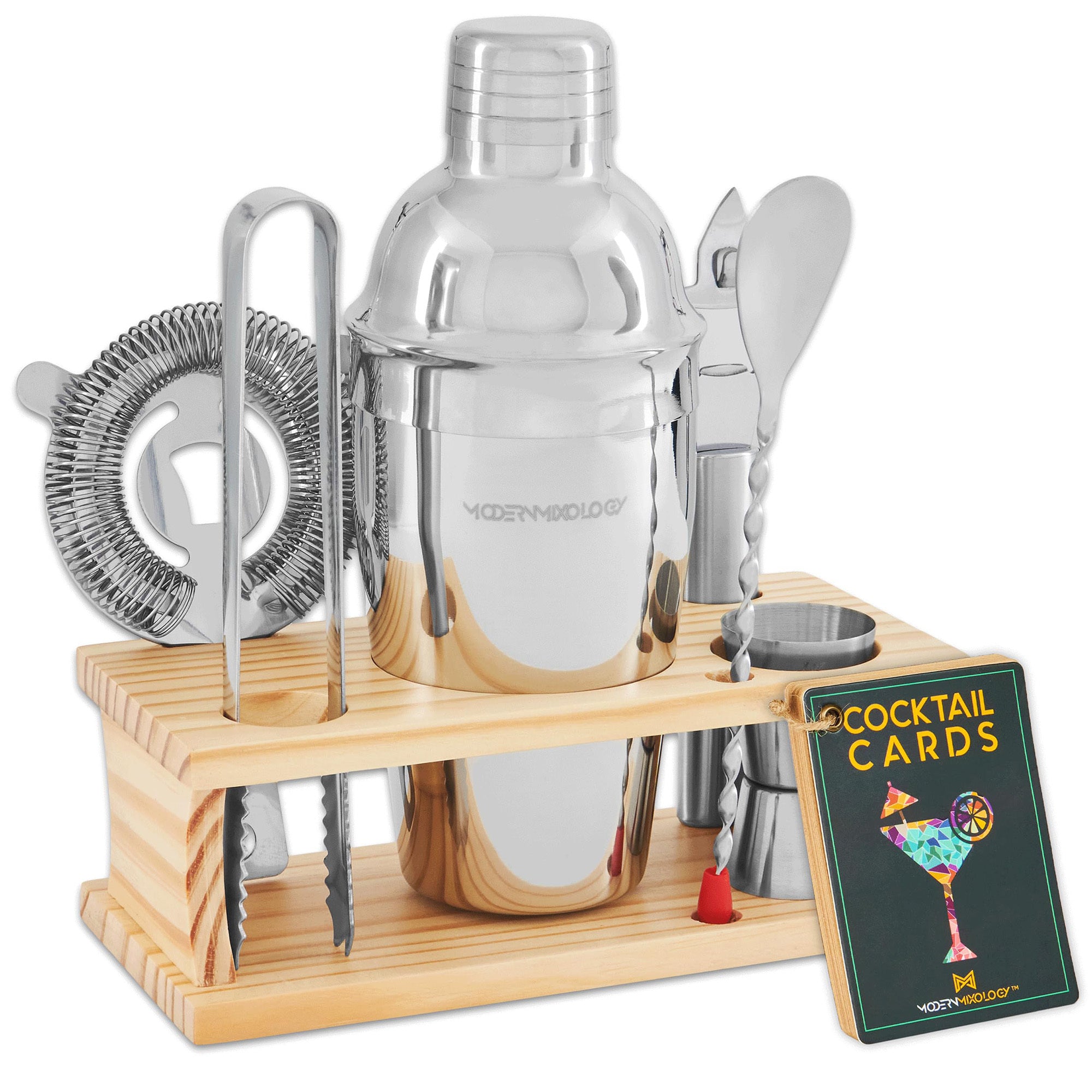 8-Piece Silver Bartender Kit with Wood Stand