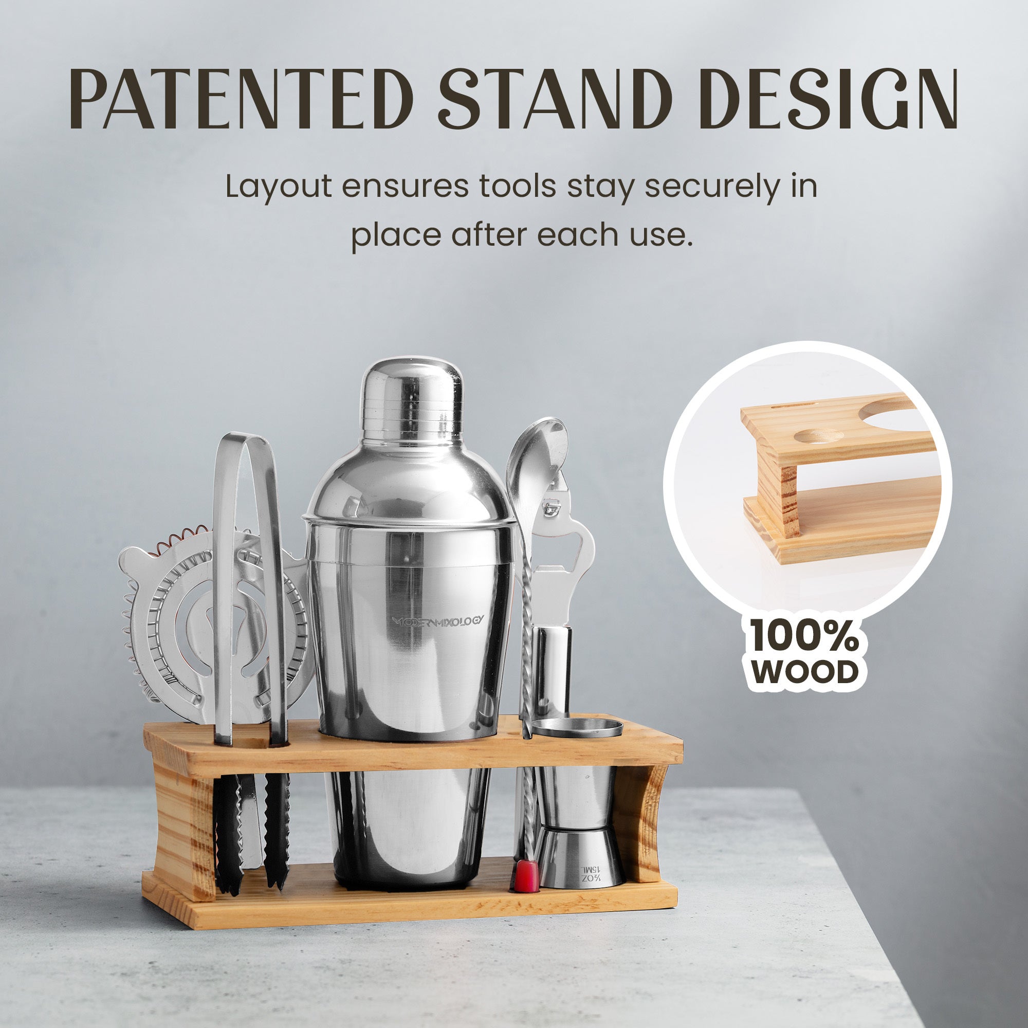 100% Wood Stand Keeps Cocktail Tools Securely in Place