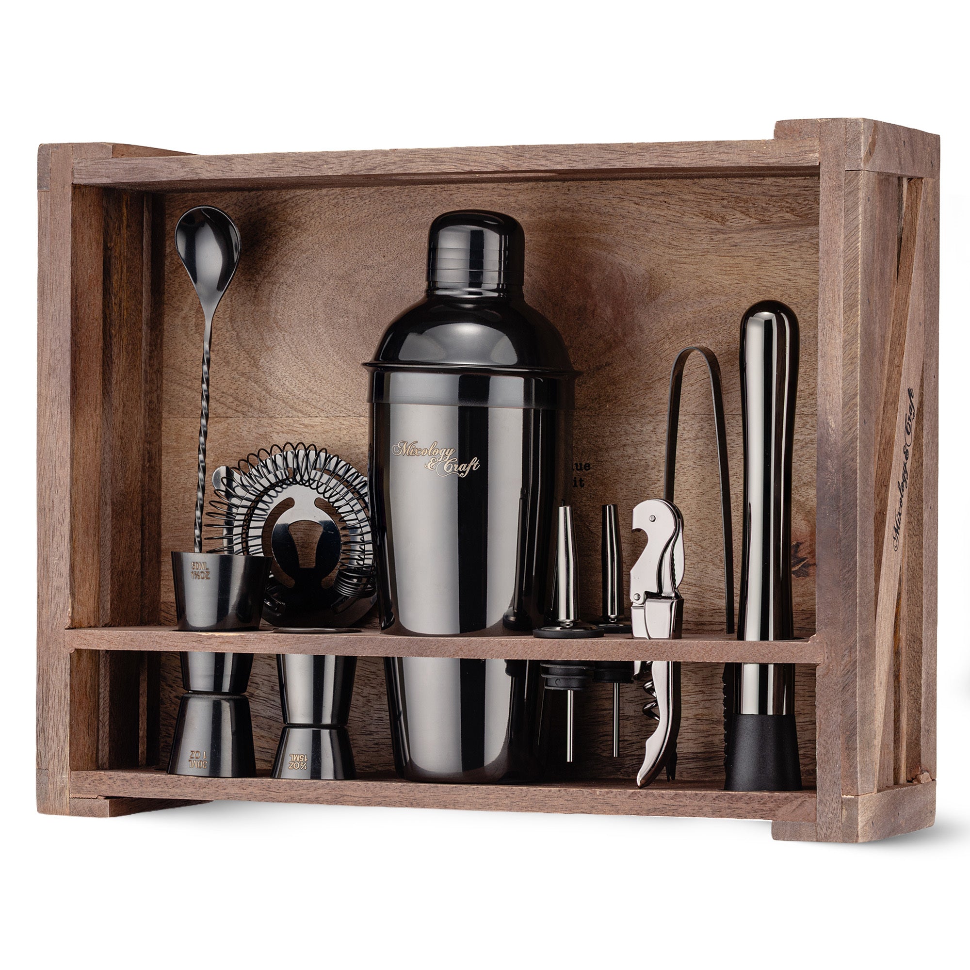 11-Piece Stainless Steel Bartender Kit with Rustic Wood Stand - Gun Metal Finish
