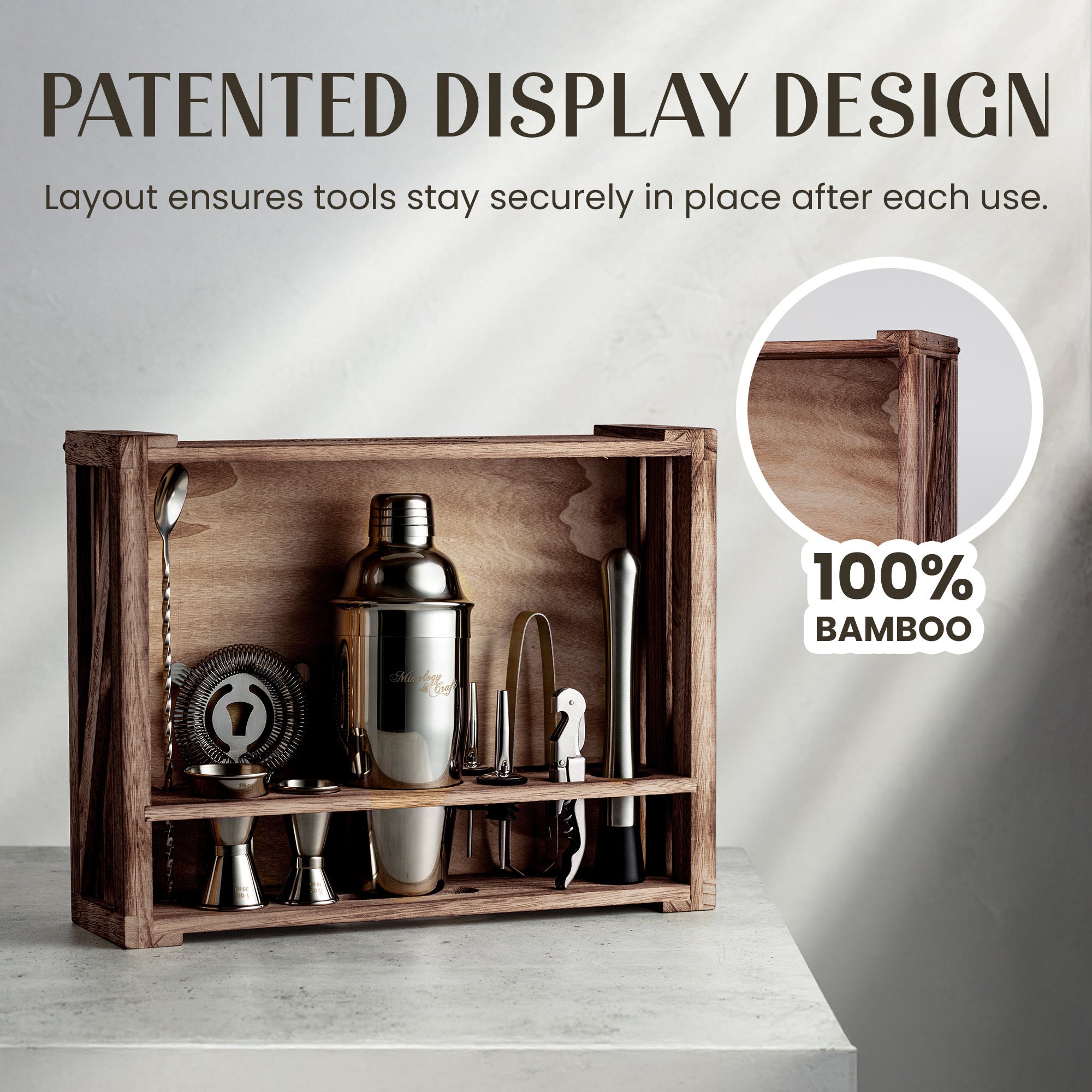 Durable Stainless Steel Bar Tools with Stylish Wood Display