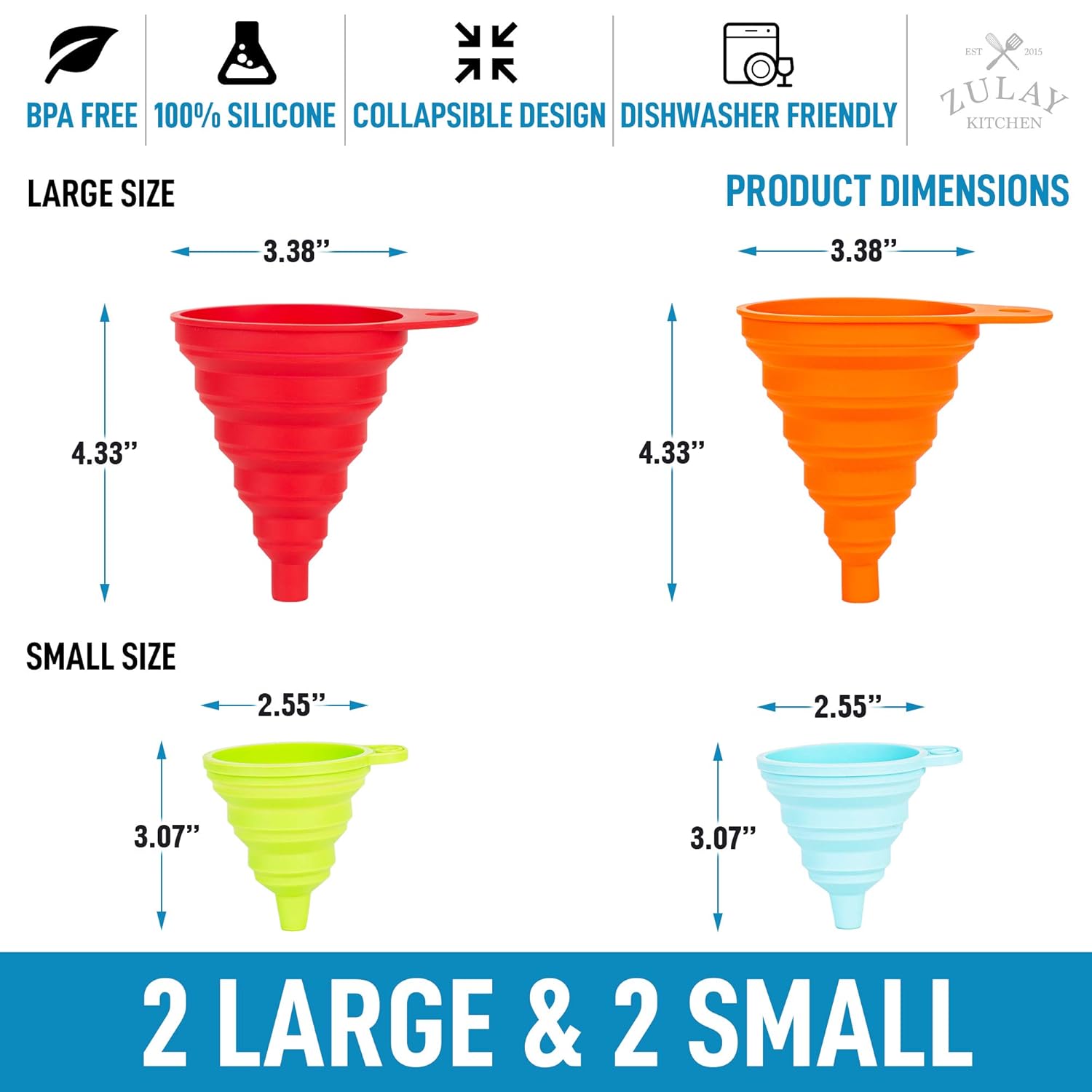 Set of 4 Collapsible Funnels in Small and Large Sizes for Kitchen Use by Zulay Kitchen