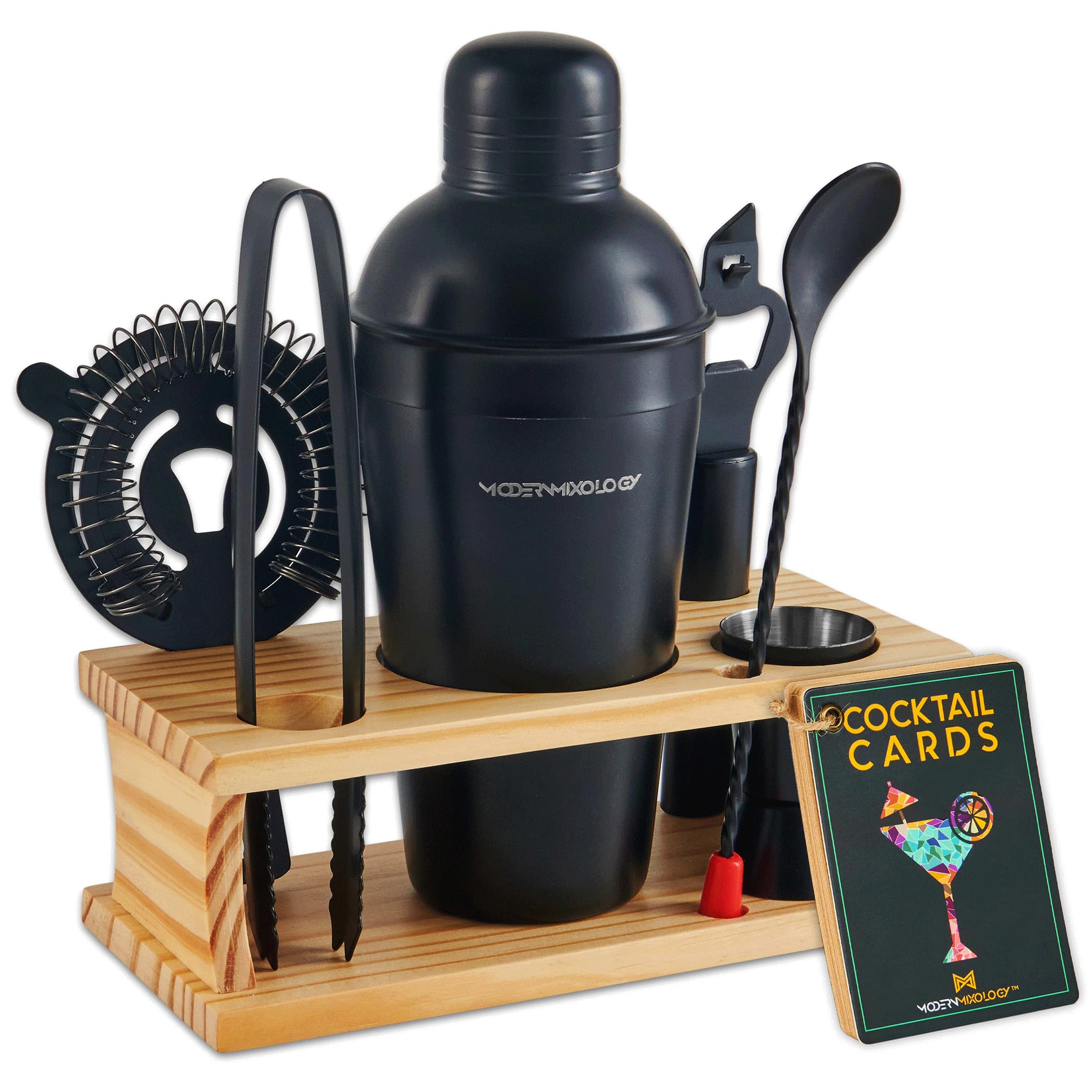 8-Piece Matte Black Bartender Kit with Wood Stand