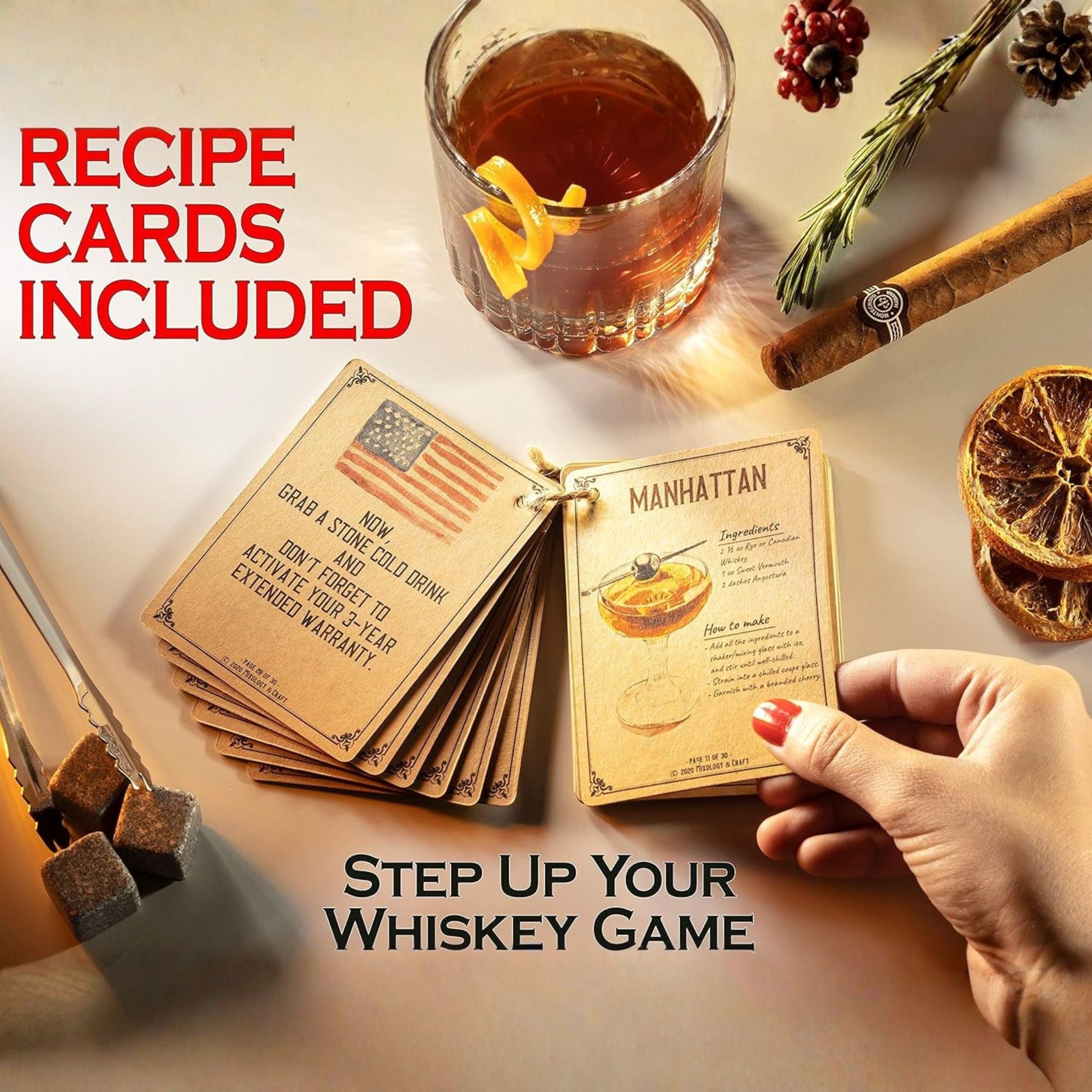 Whiskey Stones with Glasses and Recipe Guide