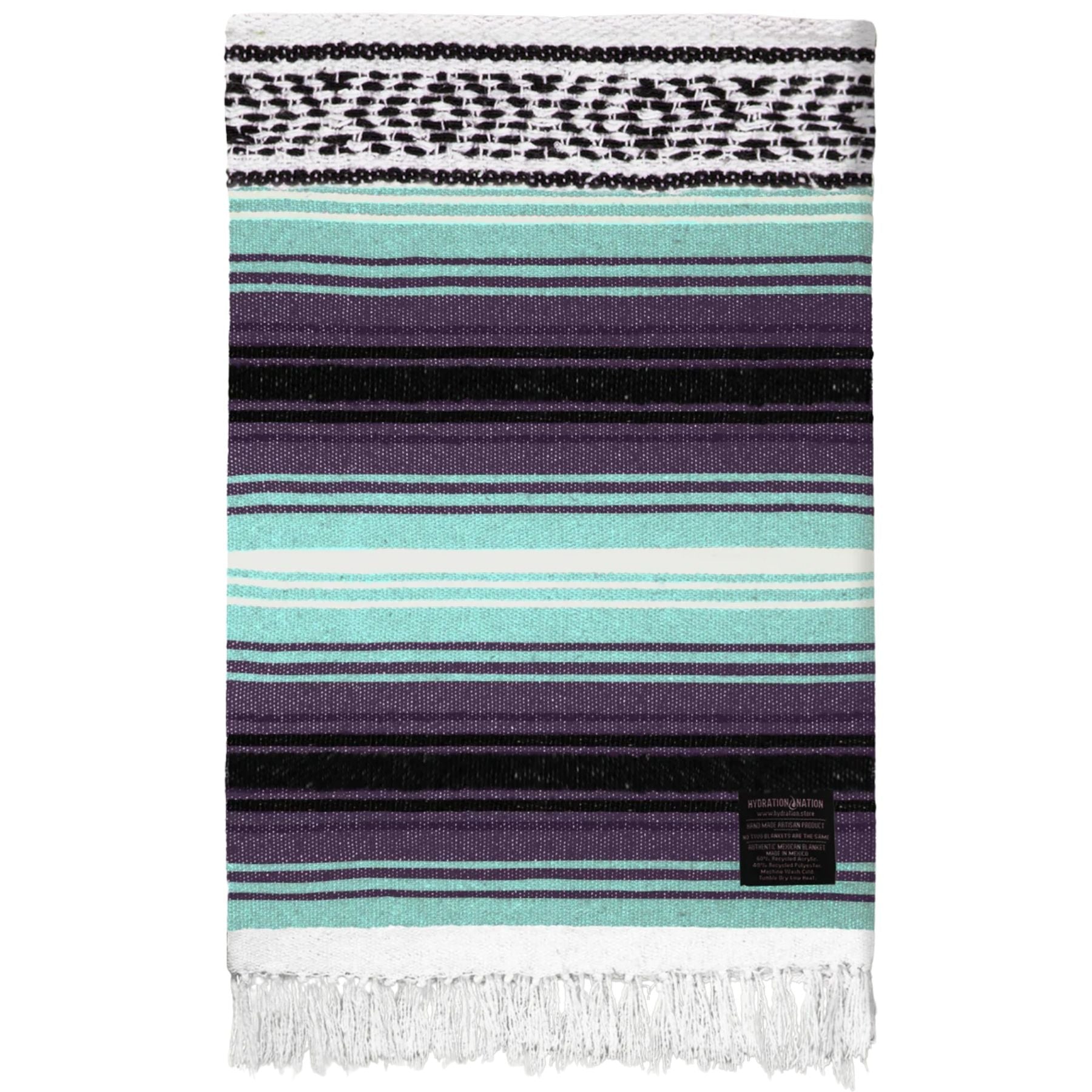 Hydration Nation Handcrafted Mexican Blanket Kitchen Striped blanket with black, purple, and turquoise pattern on a white background