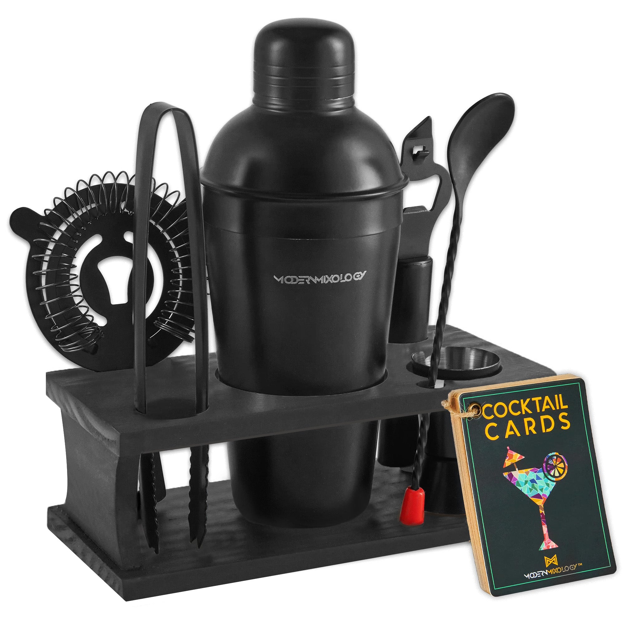 8-Piece Matte Black Bartender Kit with Black Wood Stand