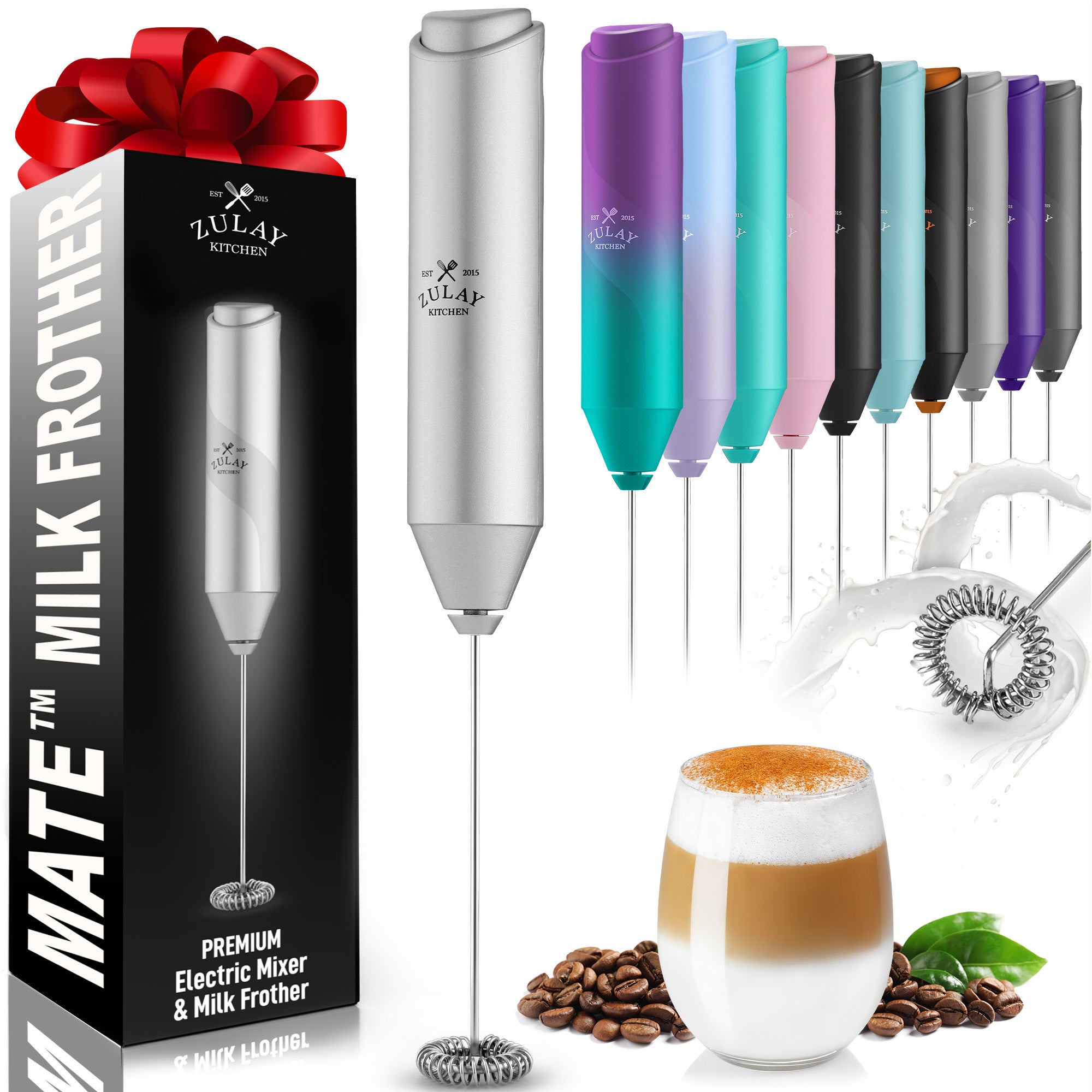 Zulay Kitchen Frothmate milk frother in different colors.