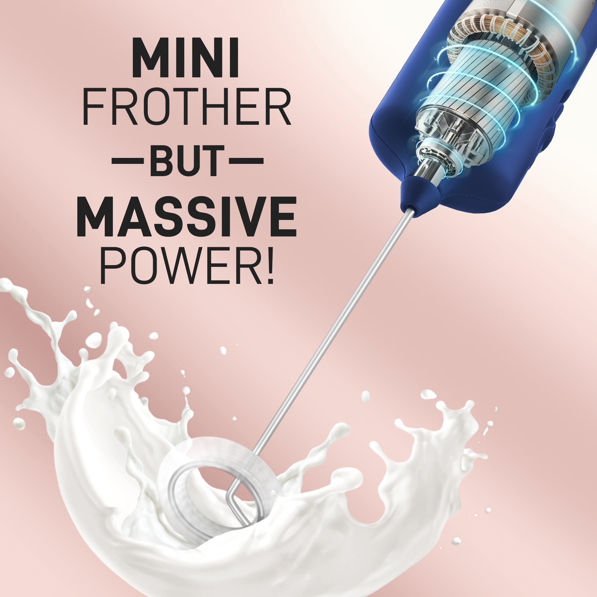 Handheld milk frother with text 'Mini Frother But Massive Power!' against a pink background