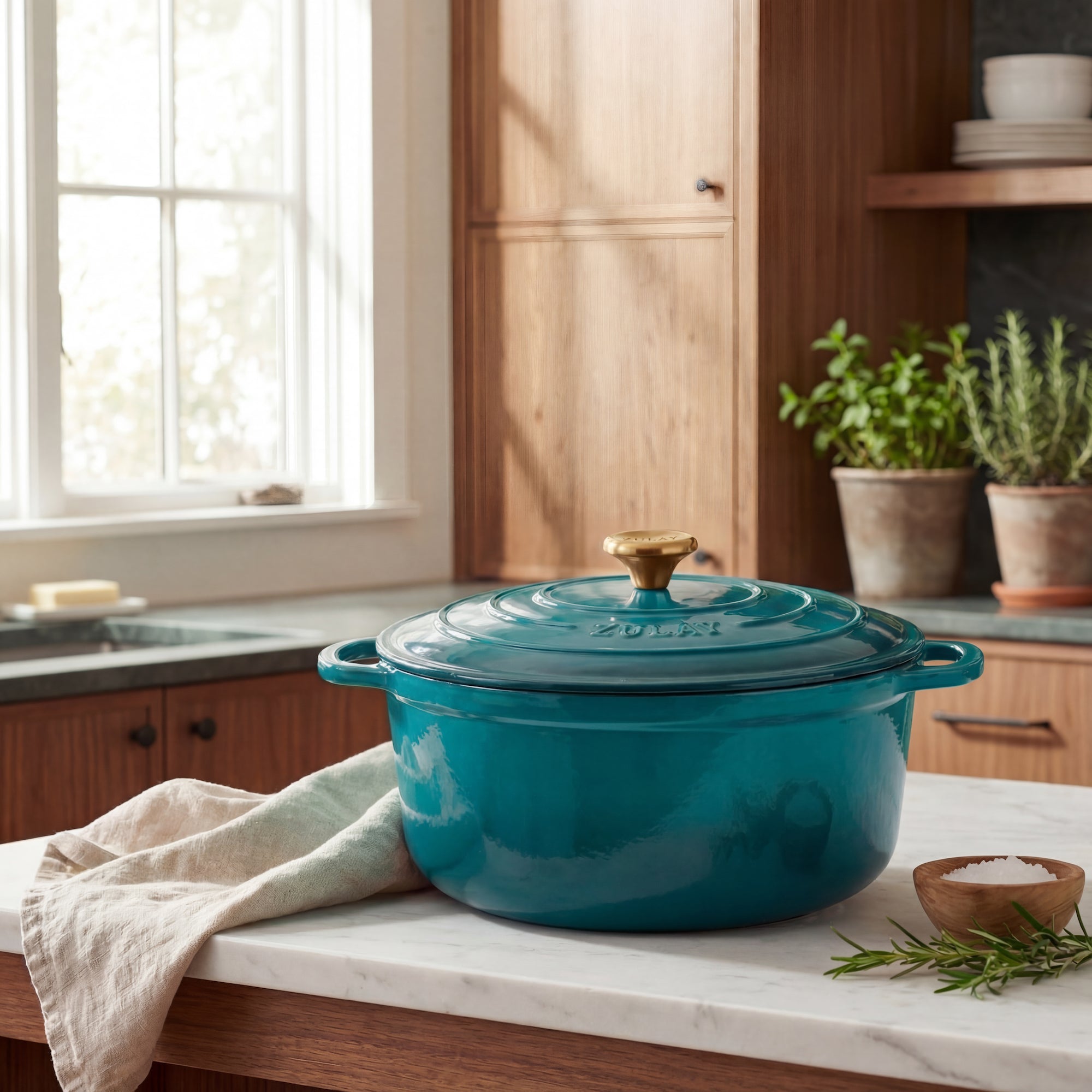 Emerald enameled cast iron Dutch oven on a kitchen counter with a window and plants in the background.