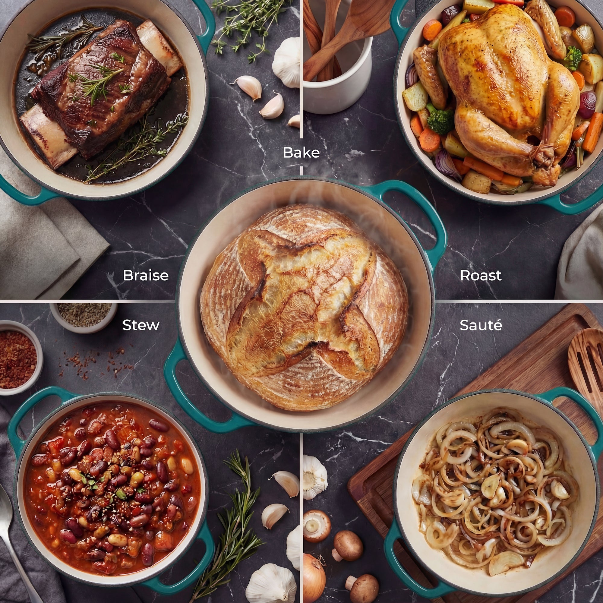 Collage of cooking methods with various dishes including braised meat, roasted chicken, stew, baked bread, and sautéed vegetables.