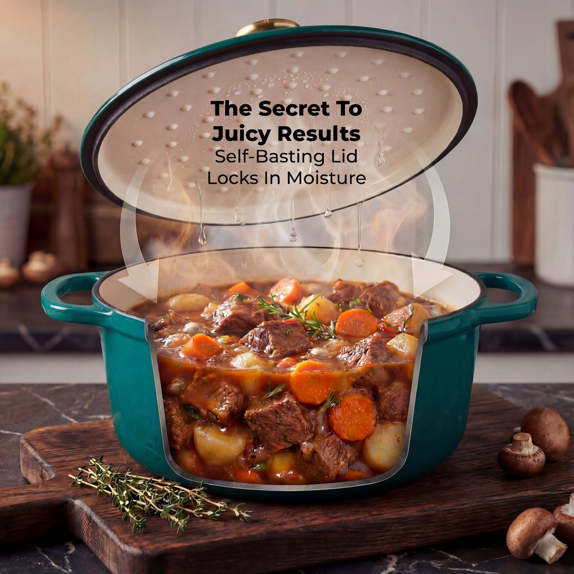 Emerald Zulay Kitchen Dutch oven with a lid open, showing stew with carrots and herbs on a wooden cutting board.