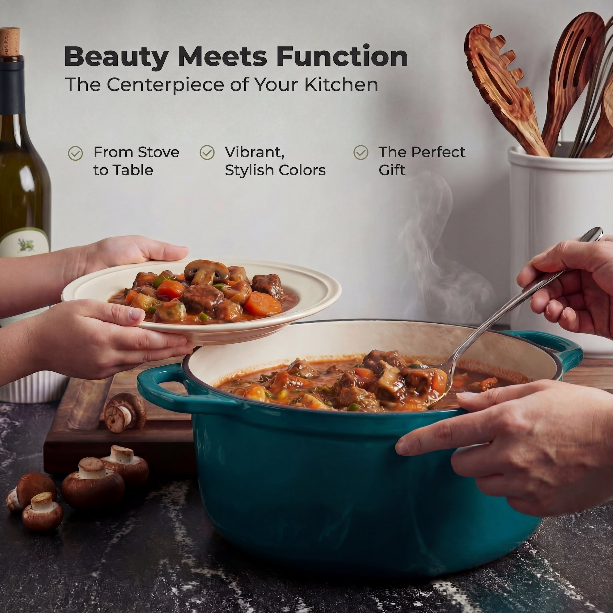 Emerald ceramic pot with stew, hands serving food, and kitchen utensils.