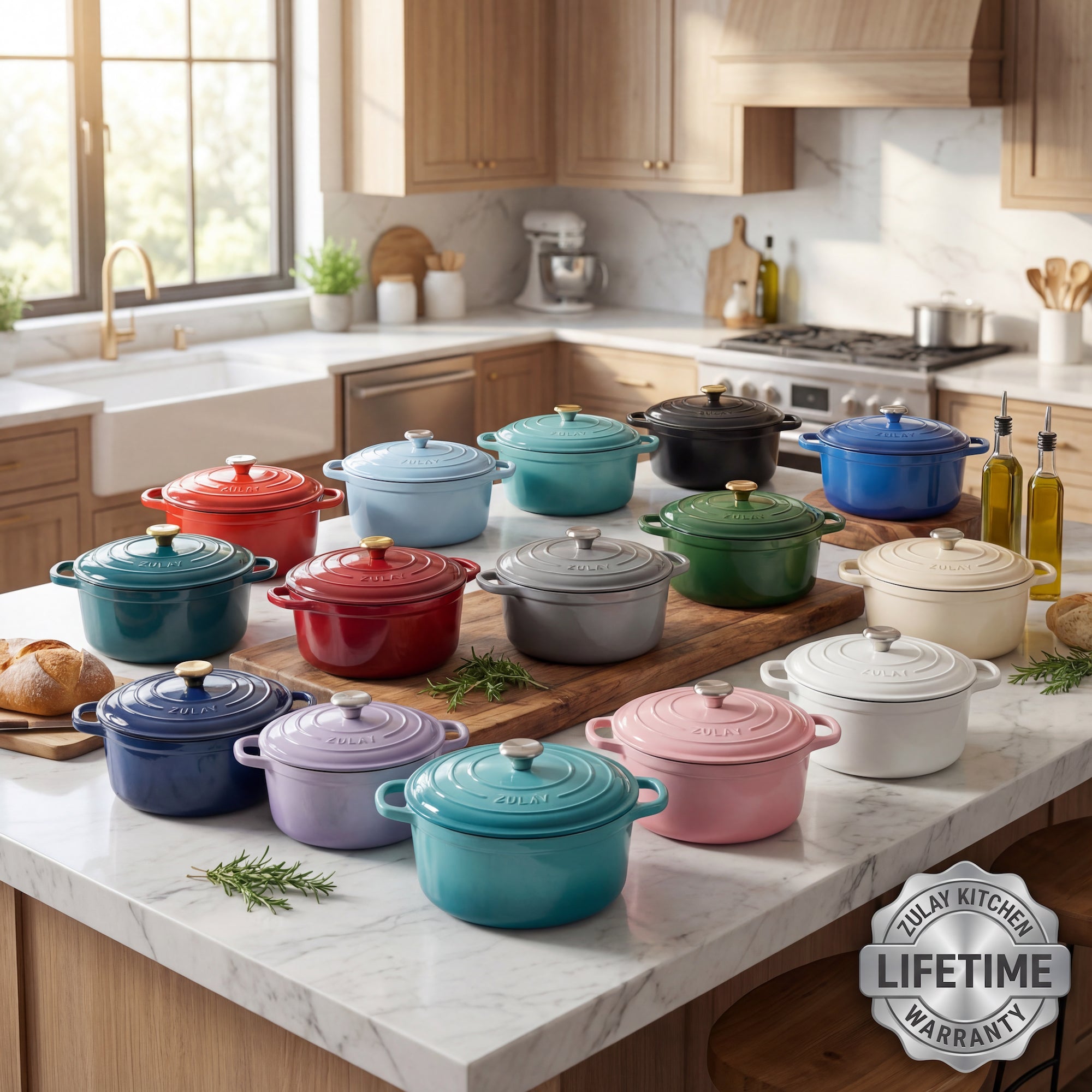 Colorful Zulay Kitchen dutch oven on a kitchen counter with a 'Lifelong Kitchen' warranty badge.