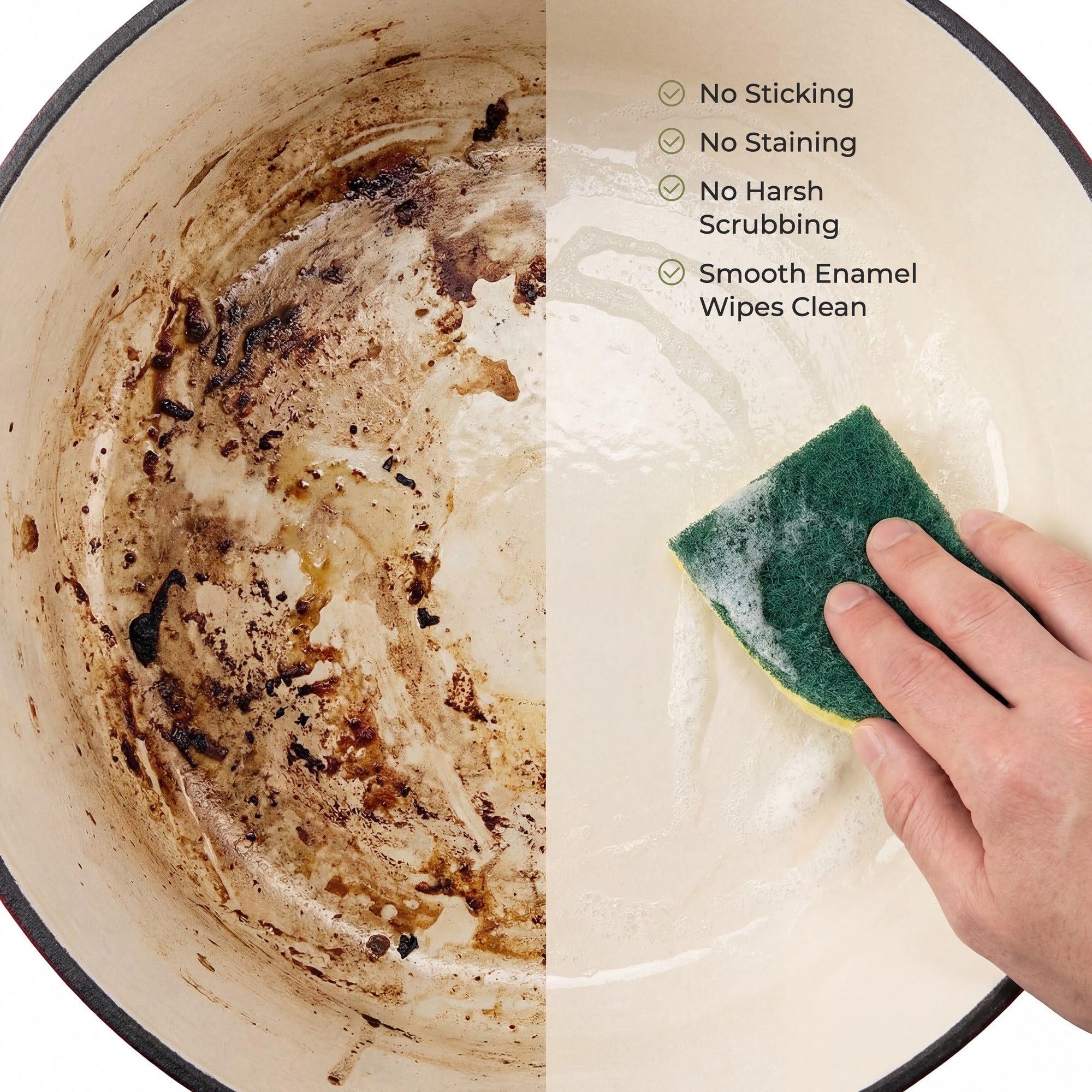 Before and after cleaning of the Zulay Kitchen dutch oven with a scrubber, highlighting features like no sticking, staining, harsh scrubbing, and smooth enamel.