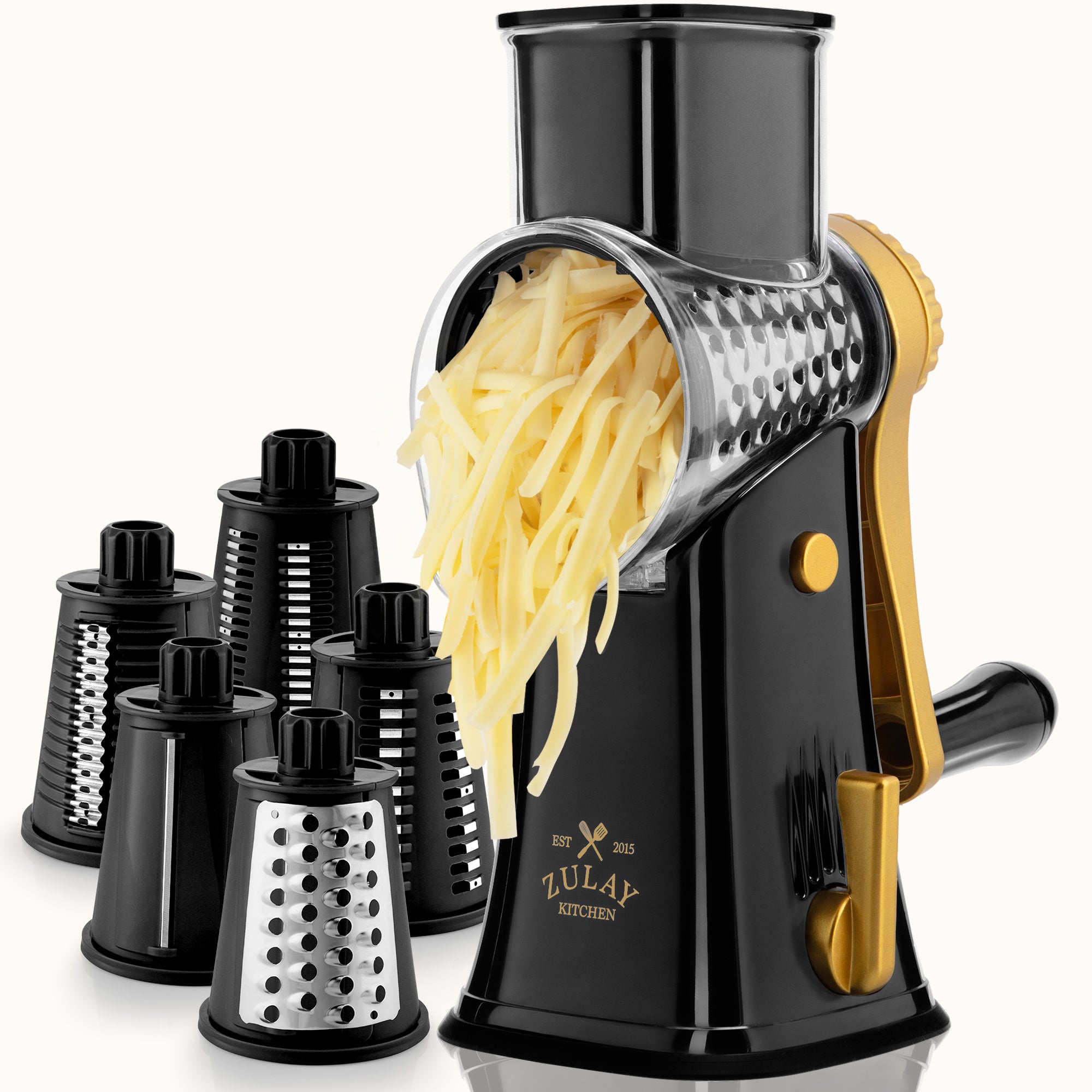 Rotary Cheese Grater with 5 Interchangeable Blades - Black & Gold by Zulay Kitchen
