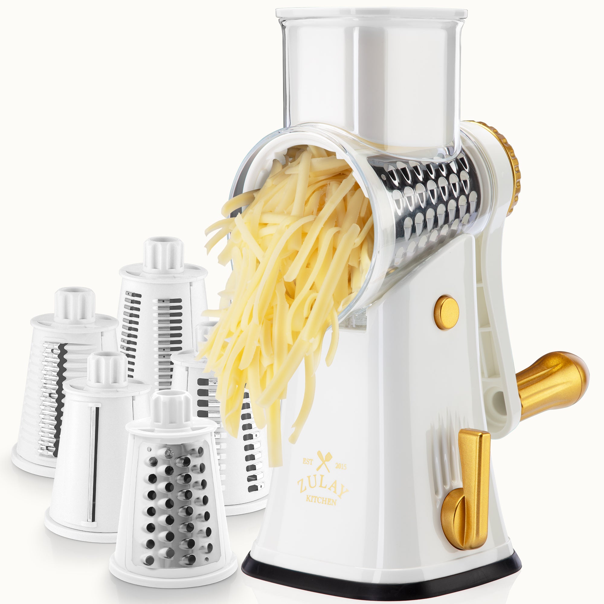 Rotary Cheese Grater with 5 Interchangeable Blades - White & Gold by Zulay Kitchen