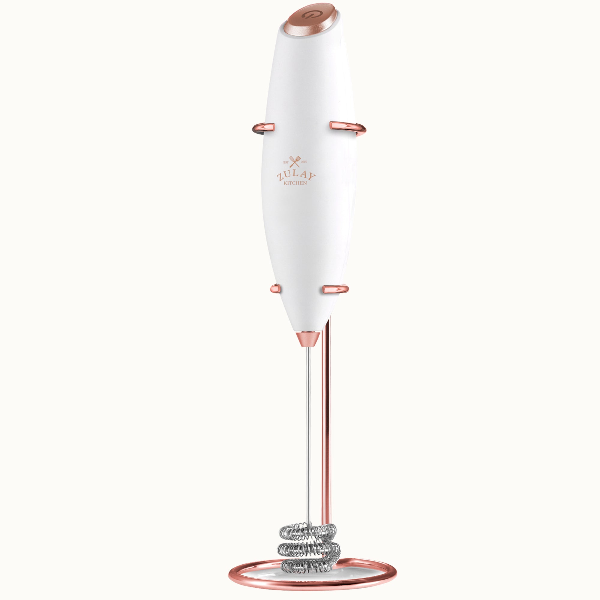 Tornado Triple Whisk Milk Frother with Rose Gold Stand & 4 Batteries - Exec White & Rose Gold by Zulay Kitchen