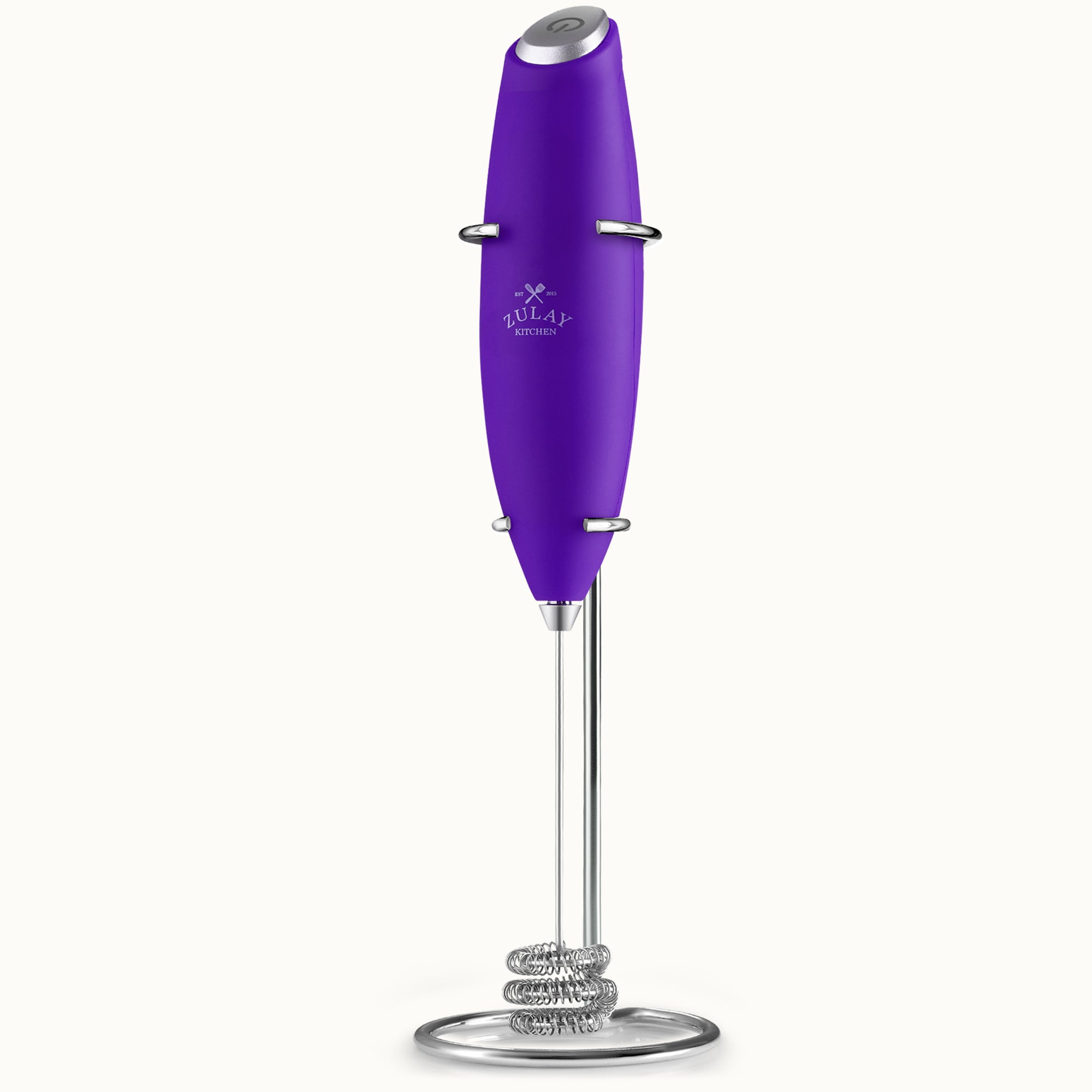 Tornado Triple Whisk Milk Frother with Stand & 4 Batteries - Purple by Zulay Kitchen