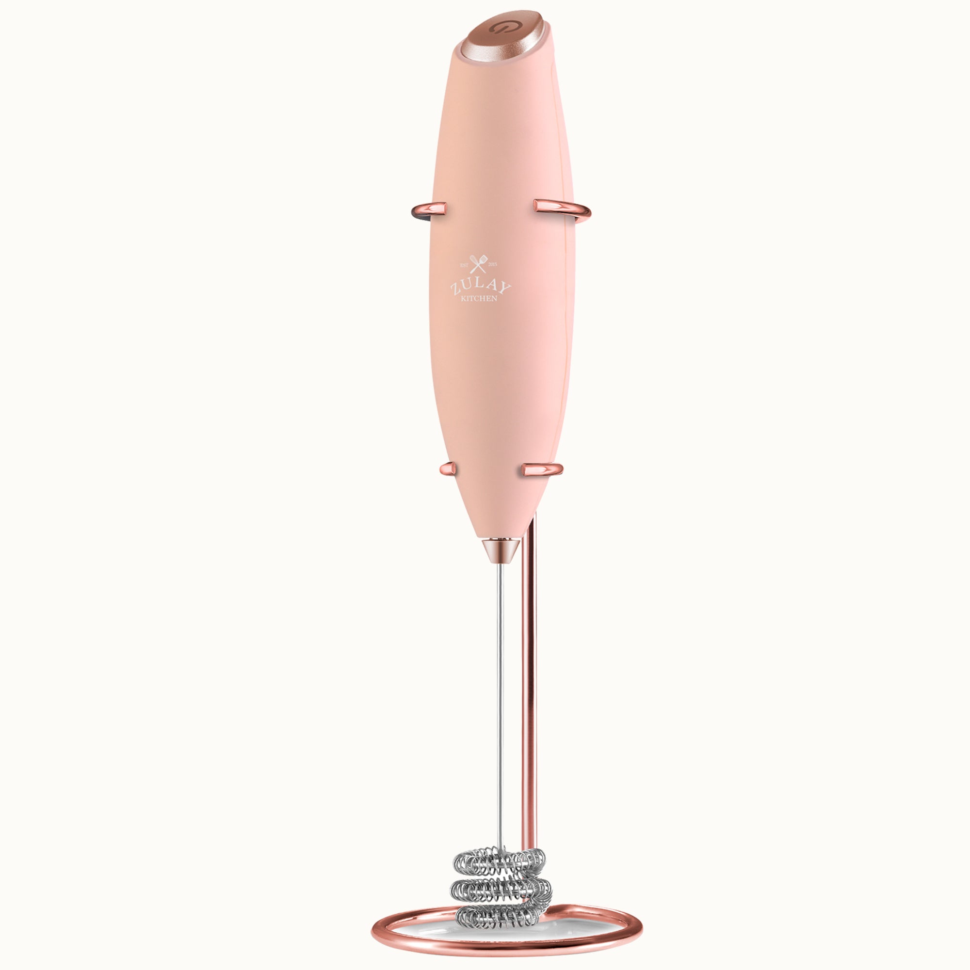 Tornado Triple Whisk Milk Frother with Rose Gold Stand & 4 Batteries - Peach & Rose Gold by Zulay Kitchen
