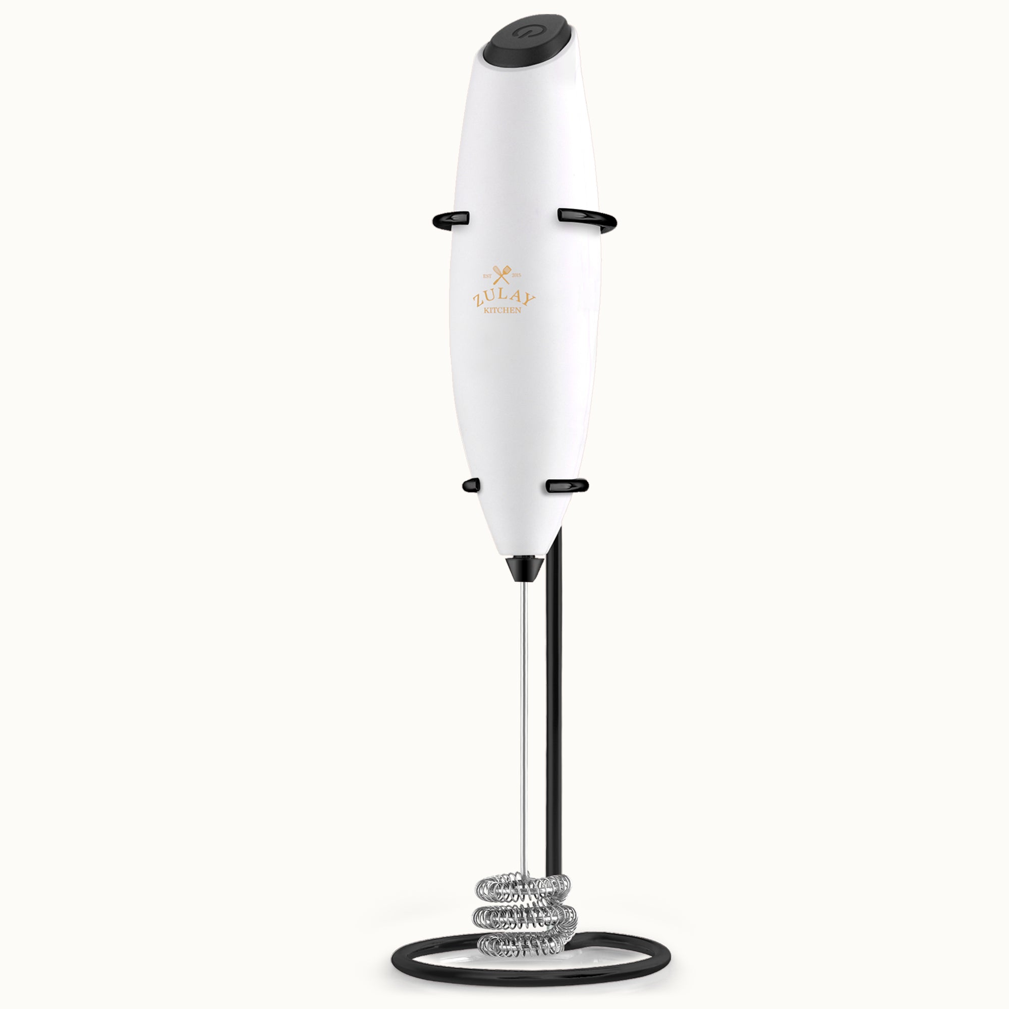 Tornado Triple Whisk Milk Frother with Black Stand & 4 Batteries - Exec White & Black by Zulay Kitchen