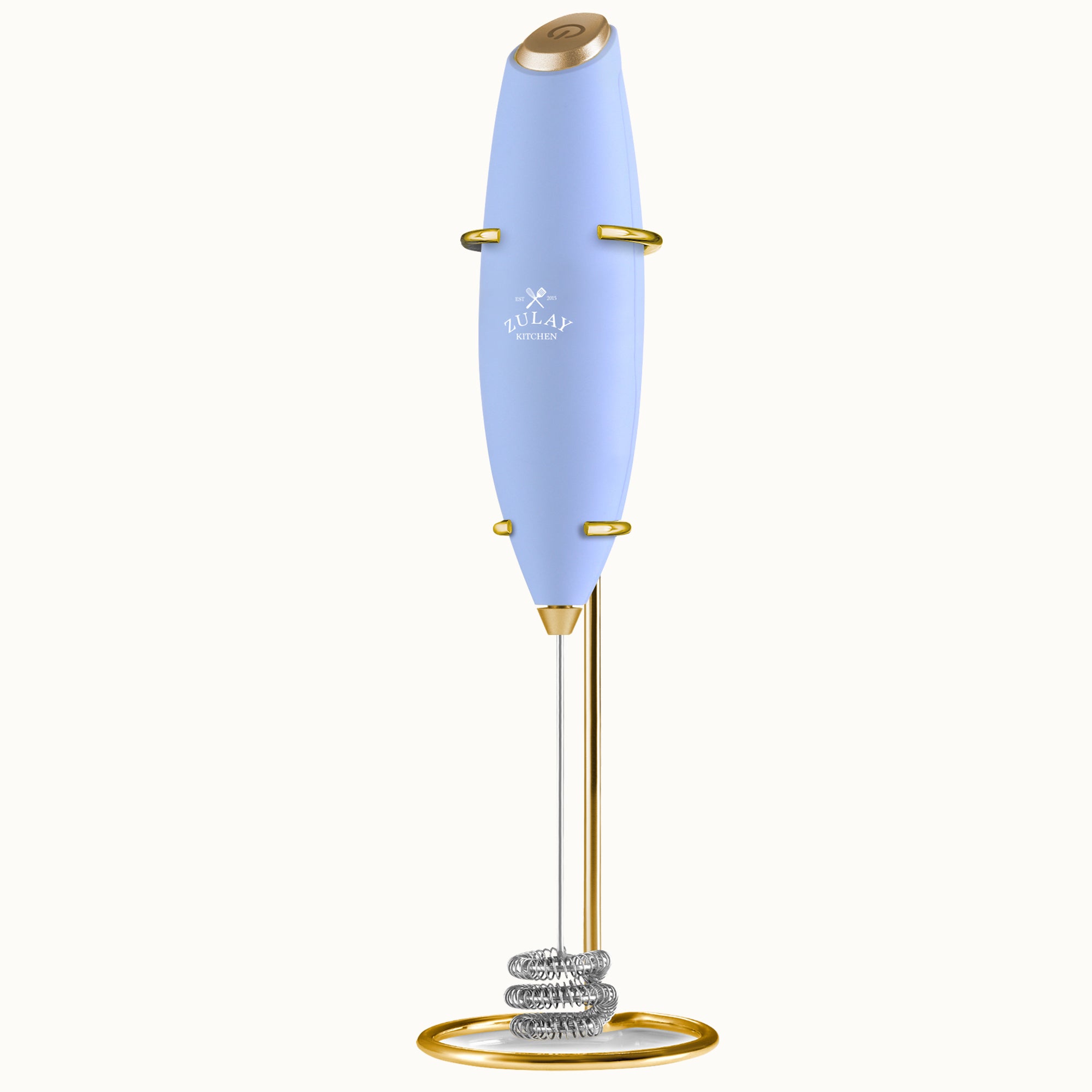 Tornado Triple Whisk Milk Frother with Gold Stand & 4 Batteries - Crystal Blue by Zulay Kitchen
