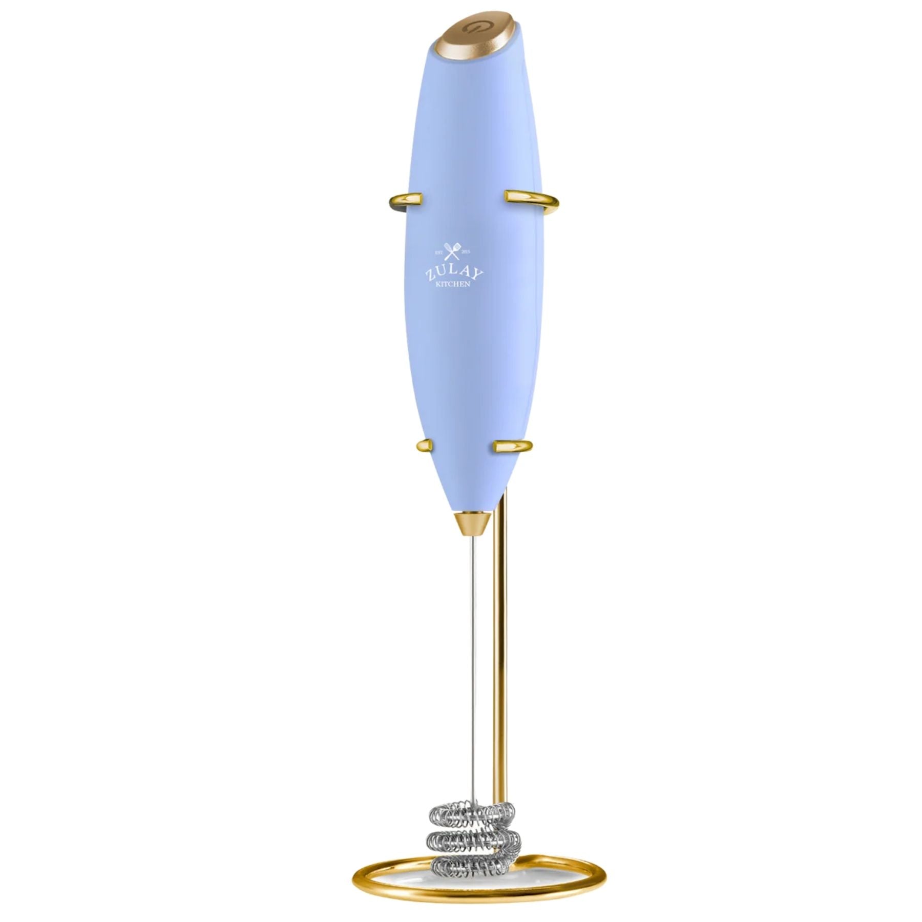 Tornado Triple Whisk Milk Frother with Gold Stand & 4 Batteries - Crystal Blue by Zulay Kitchen