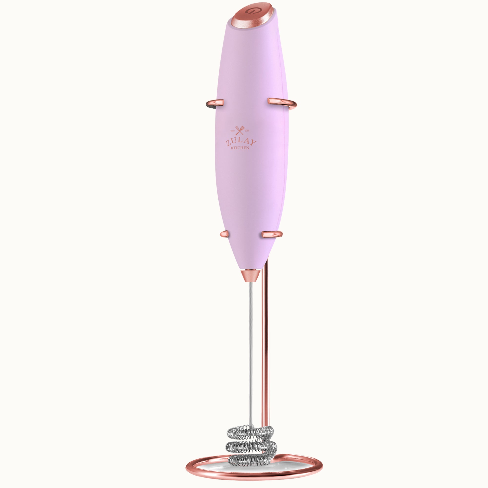 Tornado Triple Whisk Milk Frother with Rose Gold Stand & 4 Batteries - Lilac & Rose Gold by Zulay Kitchen