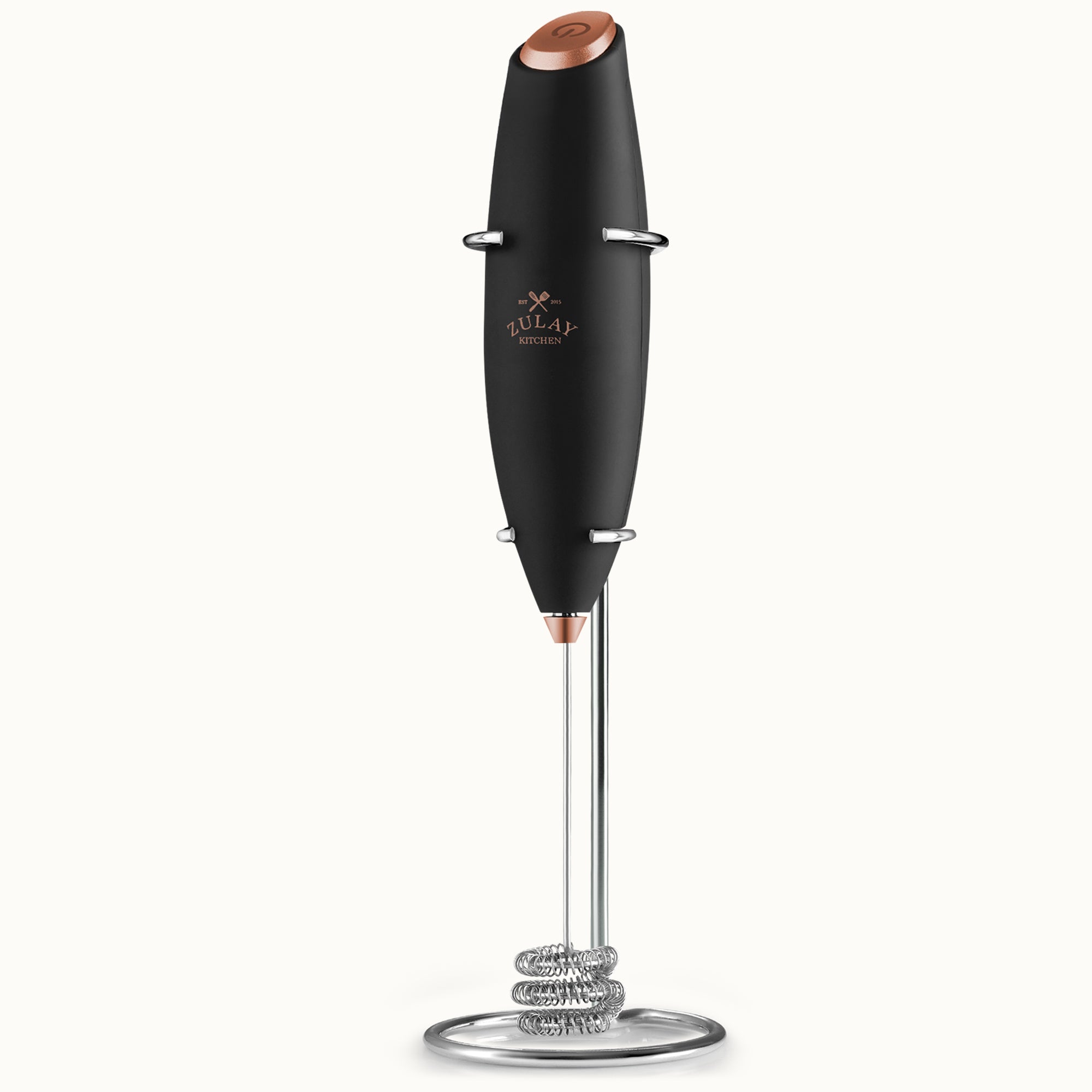 Tornado Triple Whisk Milk Frother with Stand & 4 Batteries - Black Copper by Zulay Kitchen