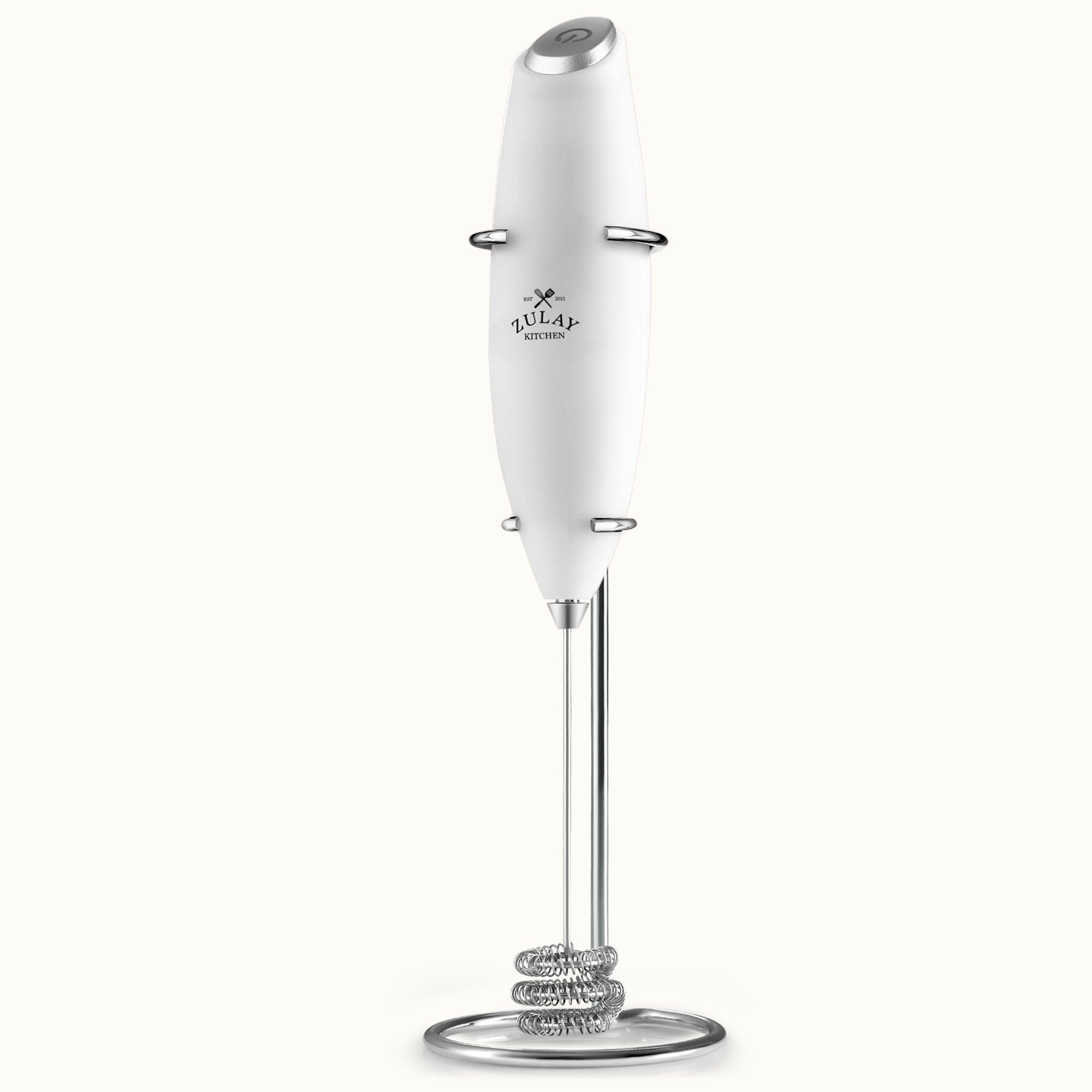Tornado Triple Whisk Milk Frother with Stand & 4 Batteries - White by Zulay Kitchen