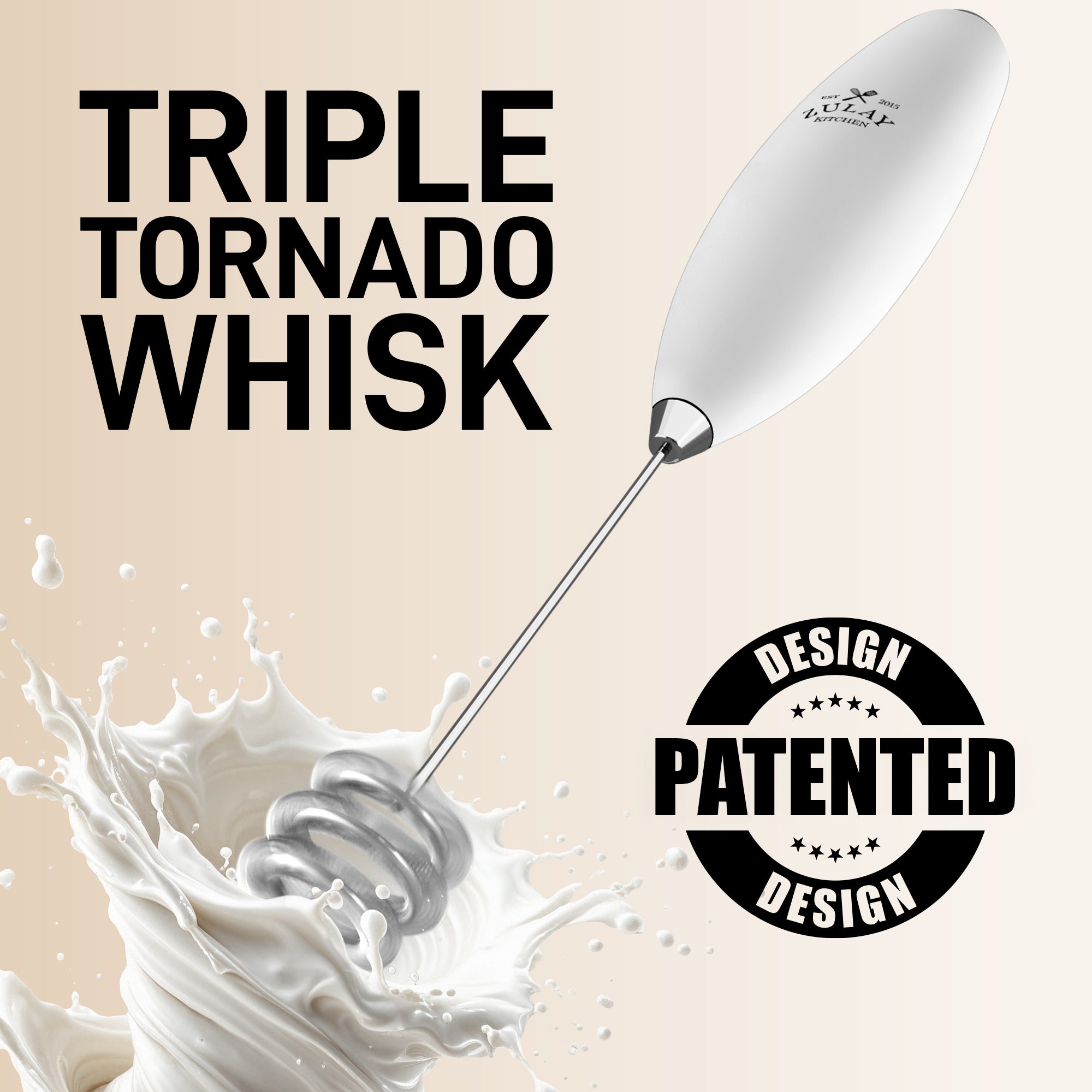 Triple tornado whisk with a patented design stamp on a beige background