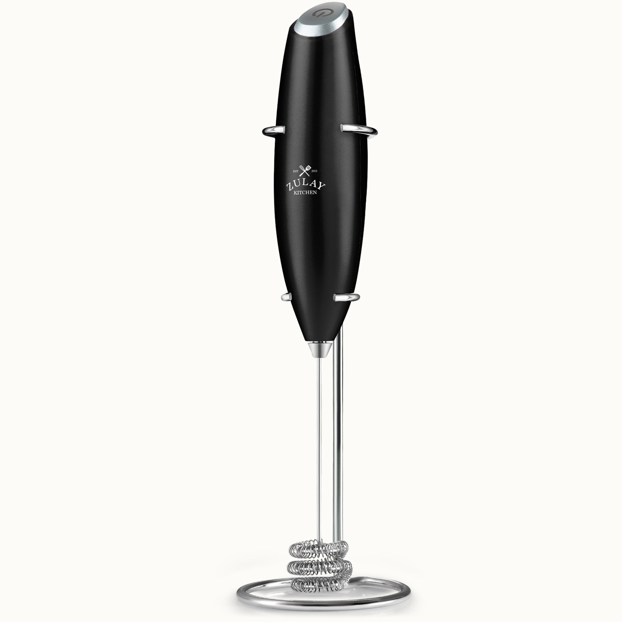 Tornado Triple Whisk Milk Frother with Stand & 4 Batteries - Metallic Black by Zulay Kitchen